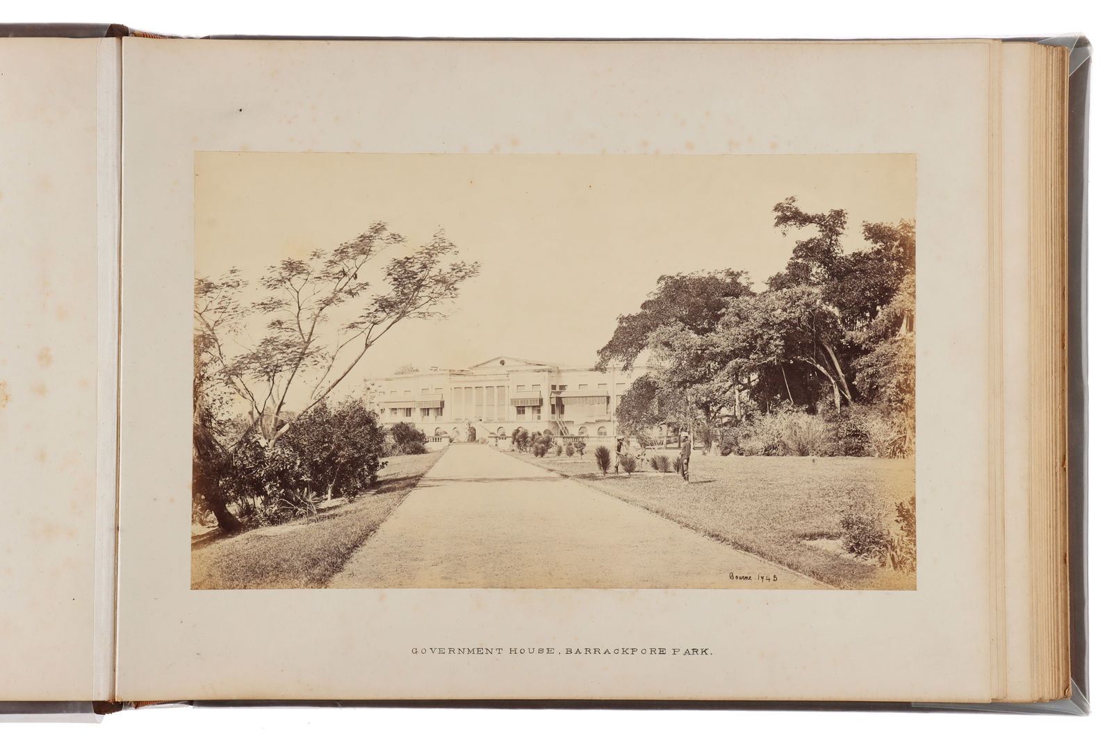 A Good Album of India, Calcutta, by Samuel Bourne,: Large album containing 14 albumen prints inscribed Bourne. Each print is 8 1/2 x 11 1/2 inches and include views in Calcutta of Barrackpore Park, River Hooghly and Maidan, Eden Gardens and Tolly's Nul
