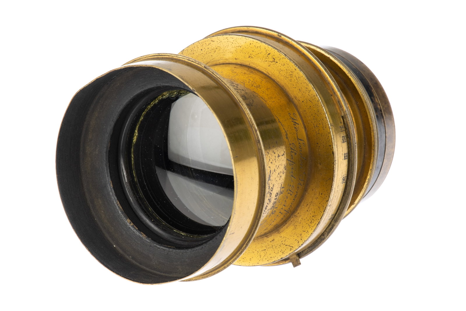 A Perken, Son & Rayment Rapid Rectilinear 12 x 10 'Optimus' Brass Lens,: 1890, serial no. 8156, brass, body G-VG, aperture blades travel but are quite stiff, optics VG, cleaning marks present,