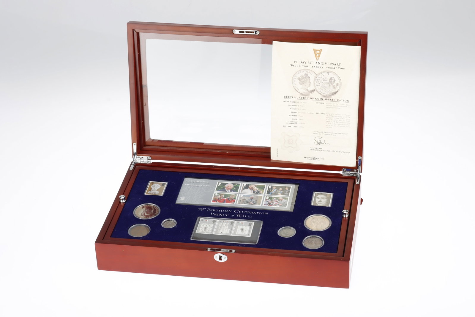 70th Birthday Celebration, Prince of Wales, Coin Set,: Cased set of coins and stamps for 70th Birthday Celebration of Prince of Wales, by Danbury Mint, in fitted wooden case