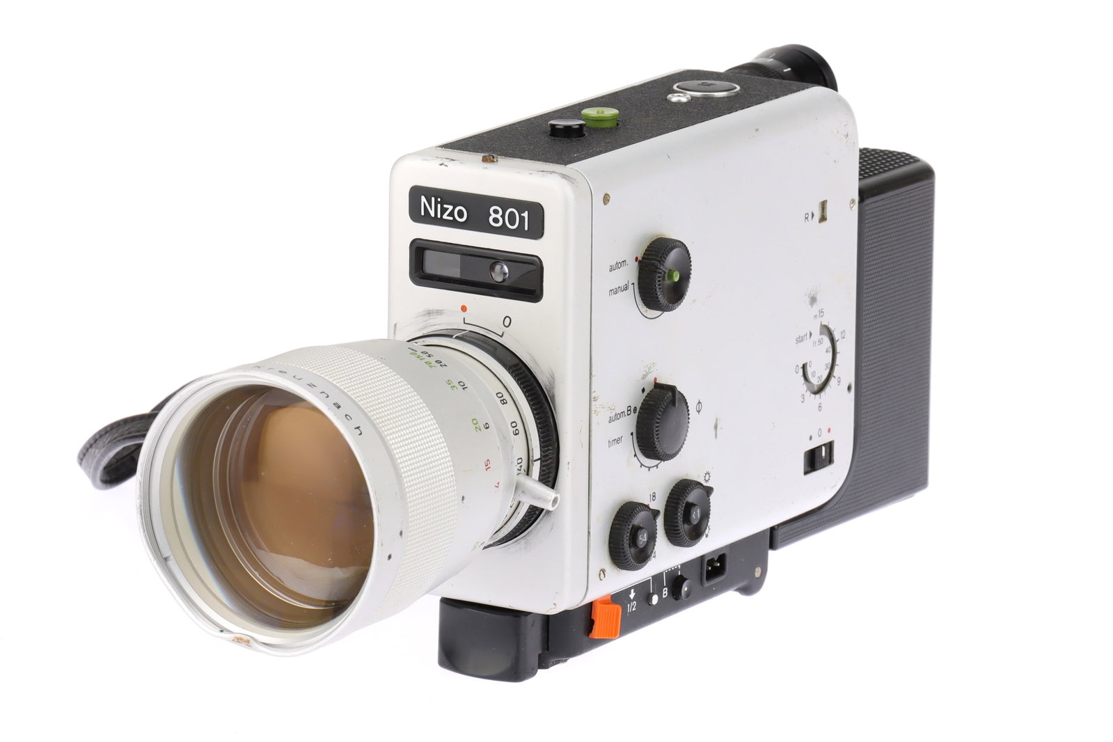 A Braun Nizo 801 Super 8 Motion Picture Camera,: body F-G, some areas of wear, corrosion to battery compartment, camera untested, optics P, fungus & haze present,