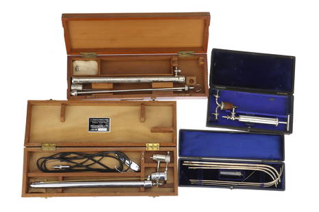 Medical & Surgical Instruments,: including a cased Sigmoidoscope by Alan & Hanbury, another similar, both with parts missing, a late 19th Century Aspirator in a faux leather case, a victorian set of Catheters in a leather case (x4)