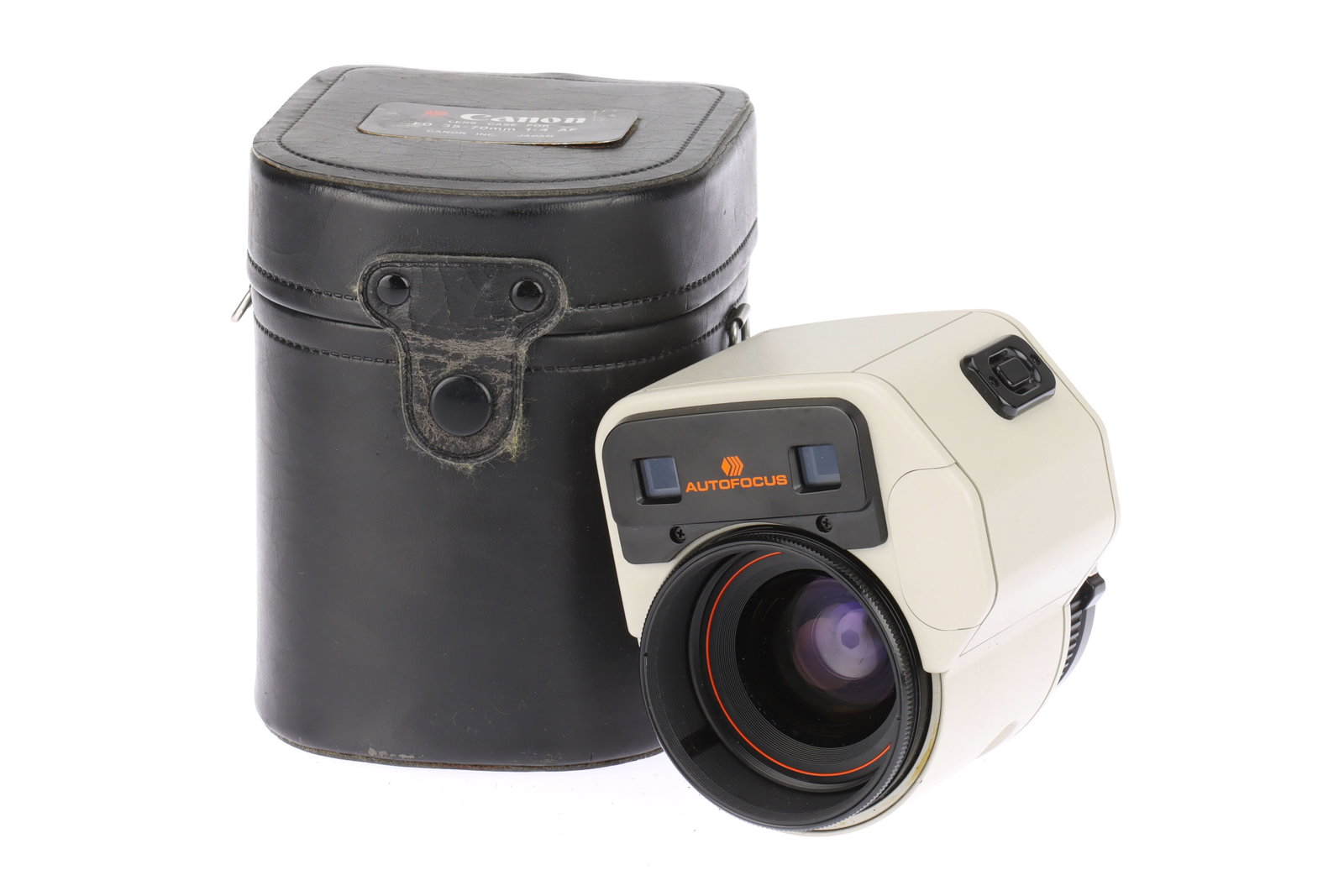 A Canon Zoom Lens FD 35-70mm f/4 AF,: cream, body VG-E, AF working at time of action, battery compartment free of corrosion, optics VG, some light dust present, in maker's case,