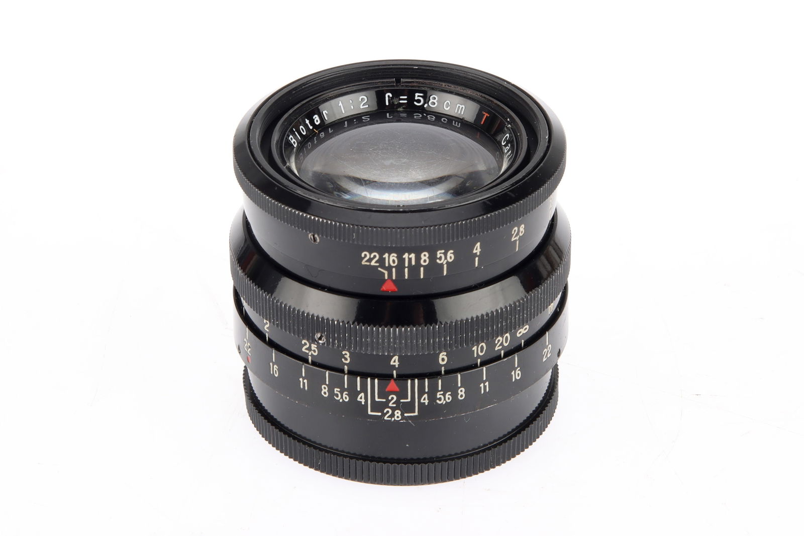 A Carl Zeiss Jena Biotar f/2 58mm Lens,: black, serial no. 3424819, body, VG, elements, F, cleaning marks to the front element