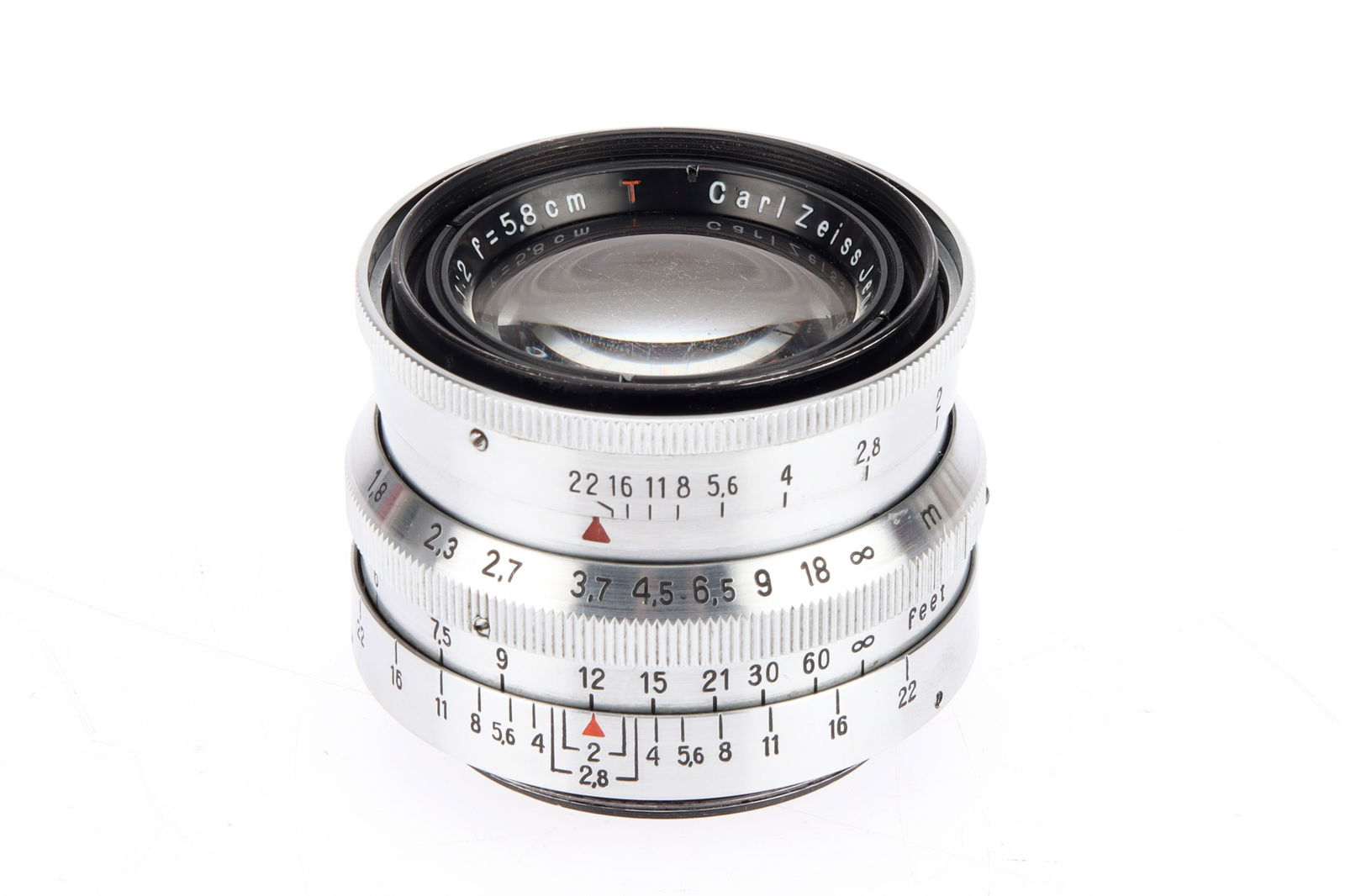 A Carl Zeiss Jena Biotar f/2 58mm Lens,: chrome, serial no. 3421222, body, VG, elements, F-G, cleaning marks to the front element