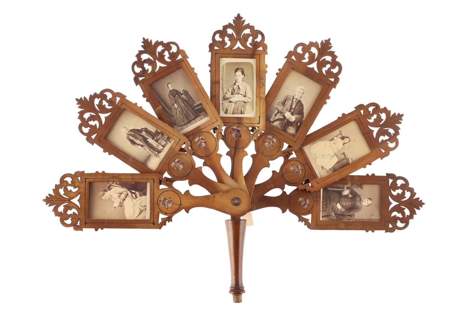 Carte De Visite Holder: A very decorative 19th-century carte-de-visite fan-shaped holder. Space for 7 CDVs. (Lacking handle) Contains images of the Symmans family, mainly by photographers in the Isle of Wight. Nice condition
