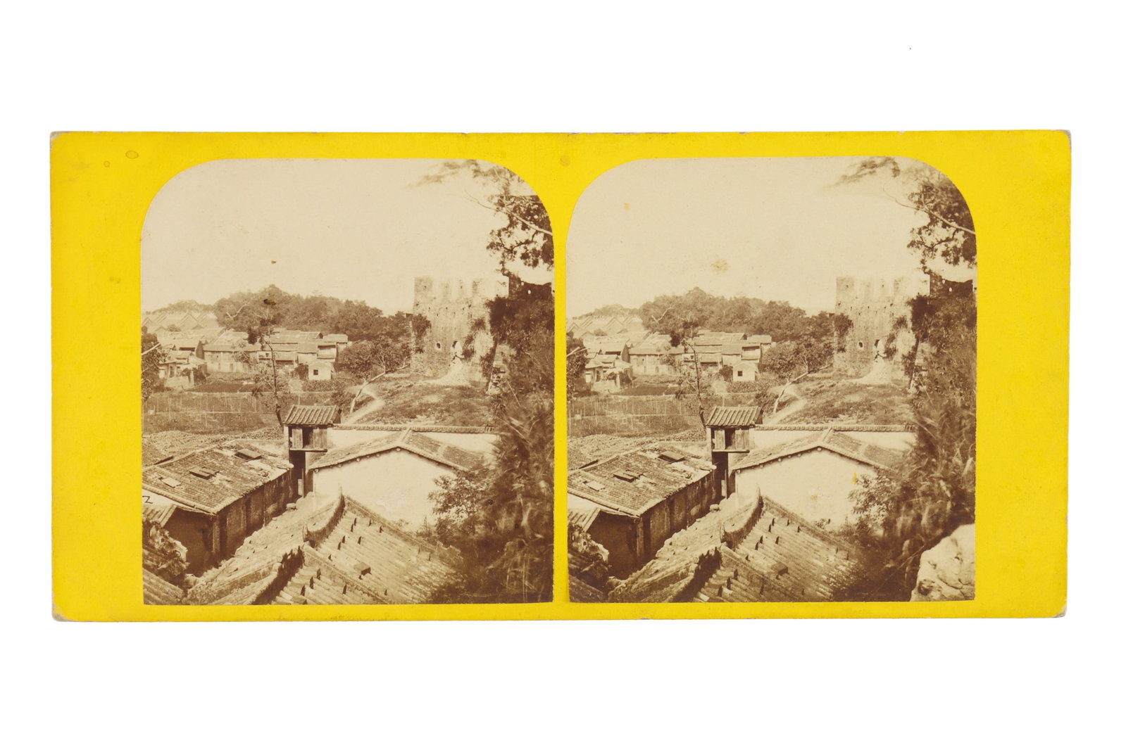 Stereoview Pierre Joseph Rossier. Views in China: No19, Canton View from the West Gate from Views in China. Spot of foxing on the image. Handling wear on the mount.