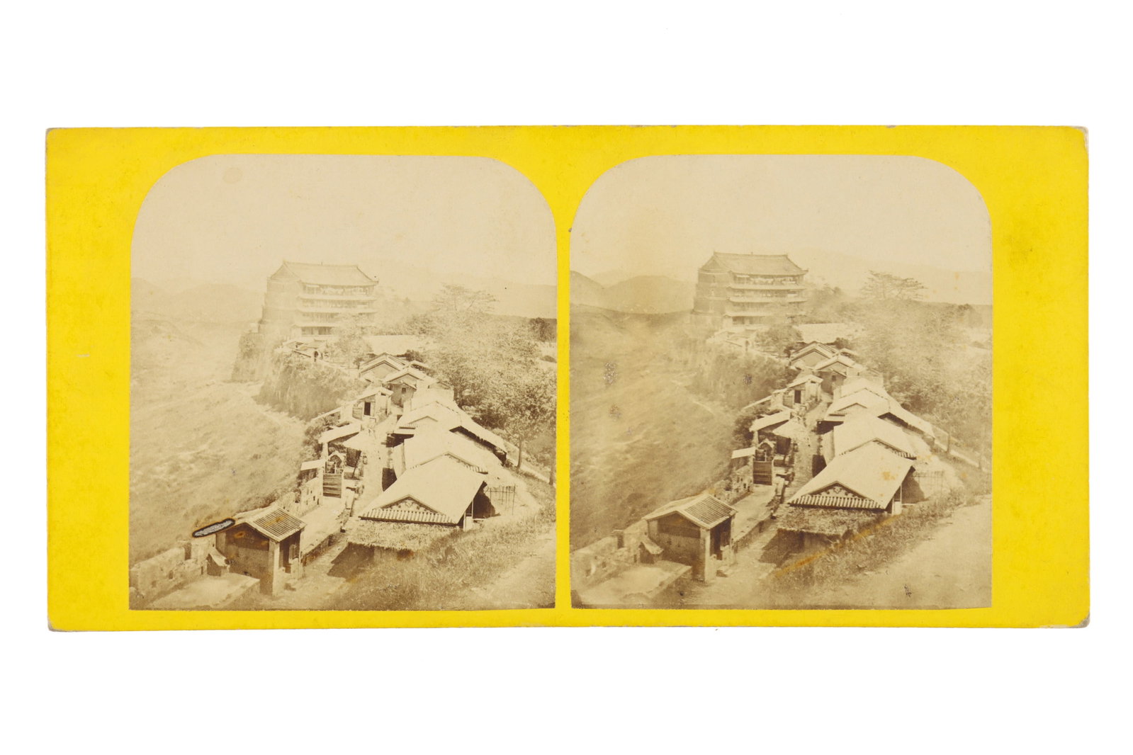 Stereoview. Pierre Joseph Rossier China: No1461 Canton. The Five storied Pagoda, China. Views in China series c1858. Slight foxing to the image and a small burn mark. Handling wear on the mount.