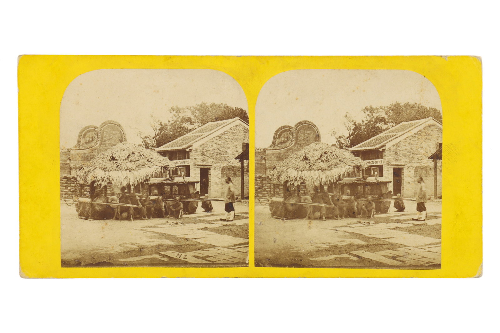 Stereoview. Pierre Joseph Rossier from Views in China: No37 Canton. Group of Palanquin Bearers, Resting opposite the Parcel Office at Canton. From Views in China c1858. Slight foxing and handling wear.