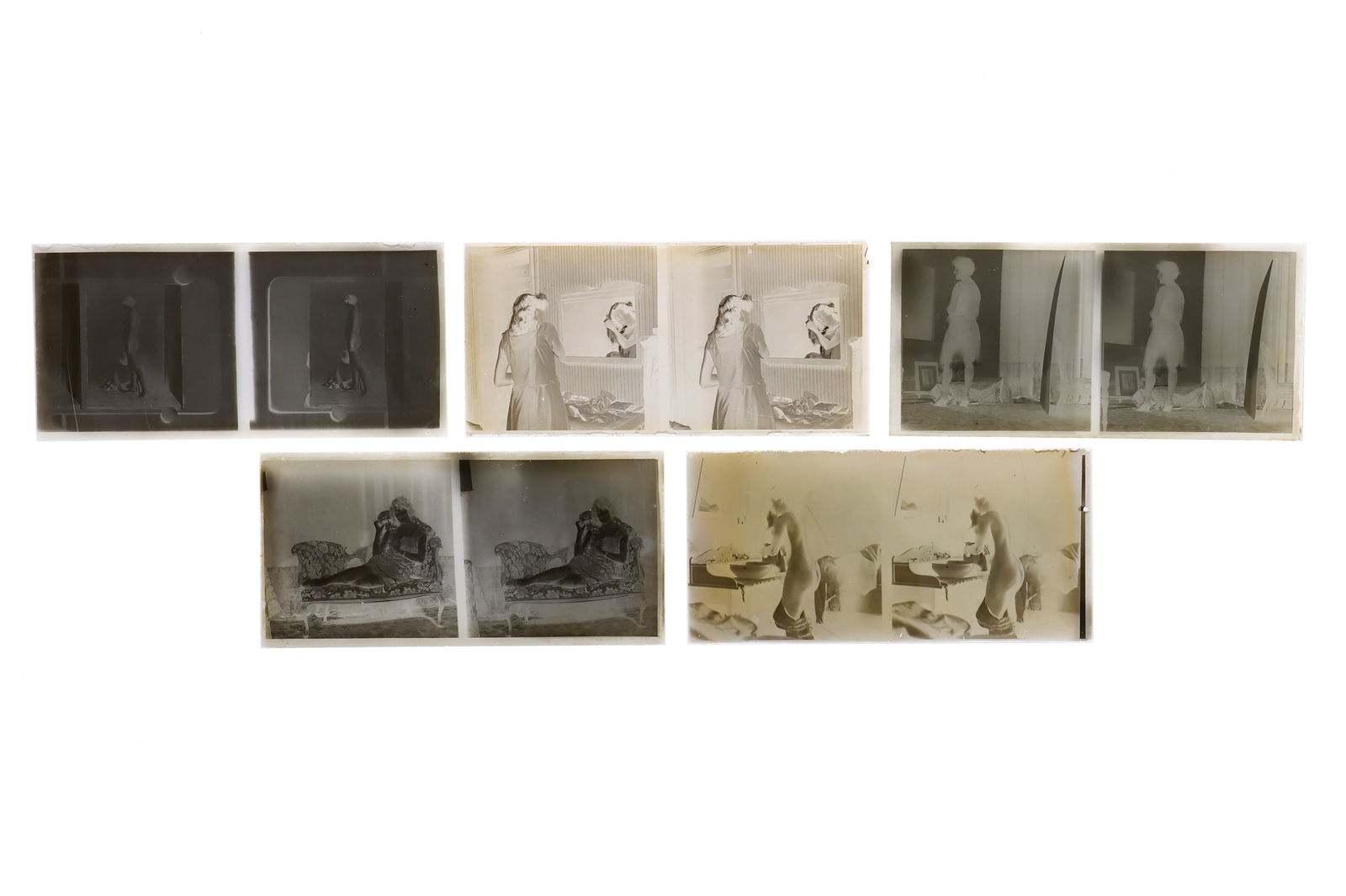 Glass Plate Stereo. Glamour/Erotic: Glass plate stereo negatives of posed women. Amateur images. (5) Naked girl at washbasin Woman reclining on a couch Naked woman standing Woman brushing hair in mirror Woman gazing into a mirror *PLEAS