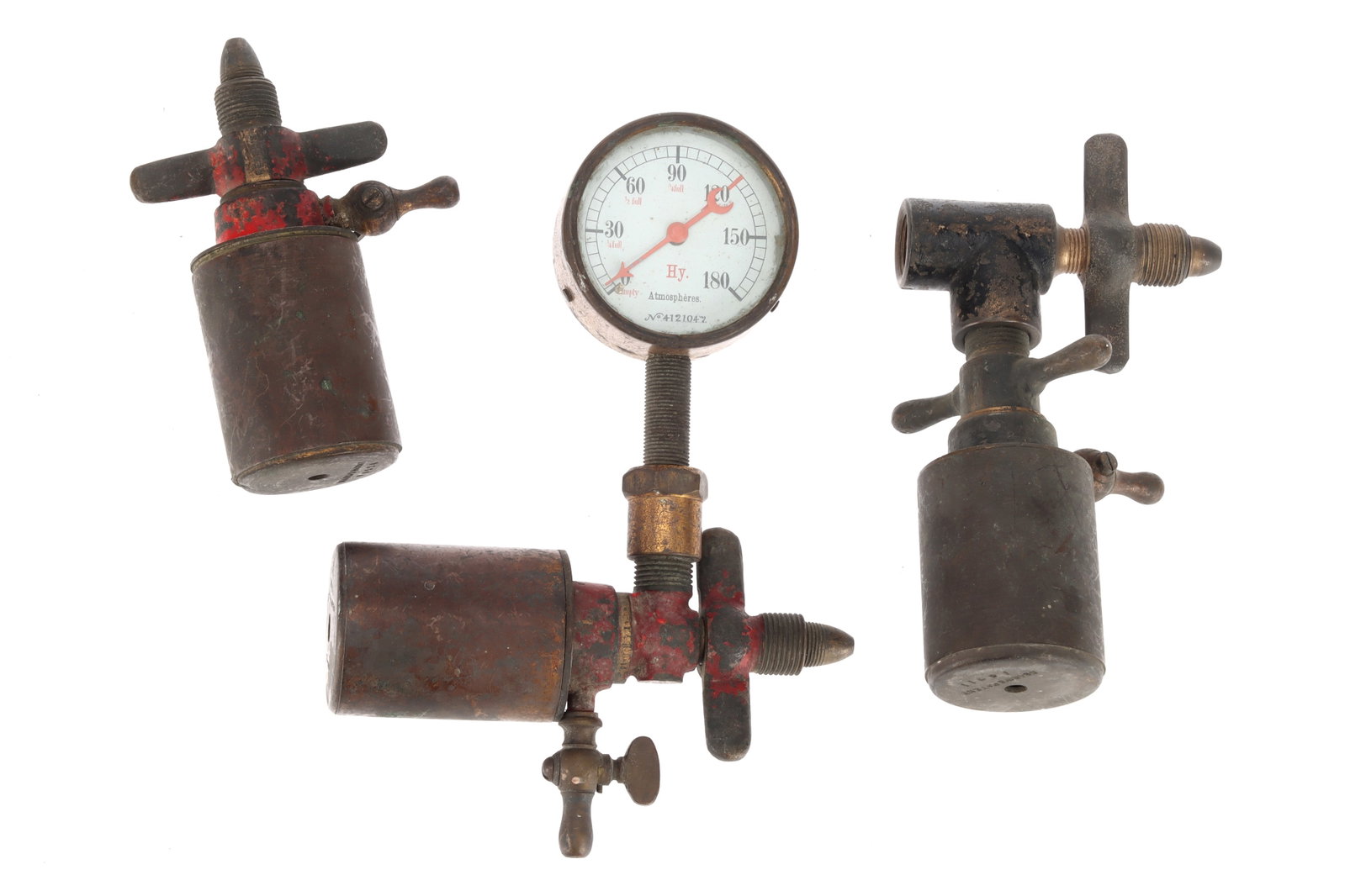 Magic Lantern Oxy-Hydrogen Regulators,: comprising of a regulator marked 'BEARDS PATENT' with a guage and stamped 'RRB', and 2 other regulators both stamped 'BEARDS PATENT'
