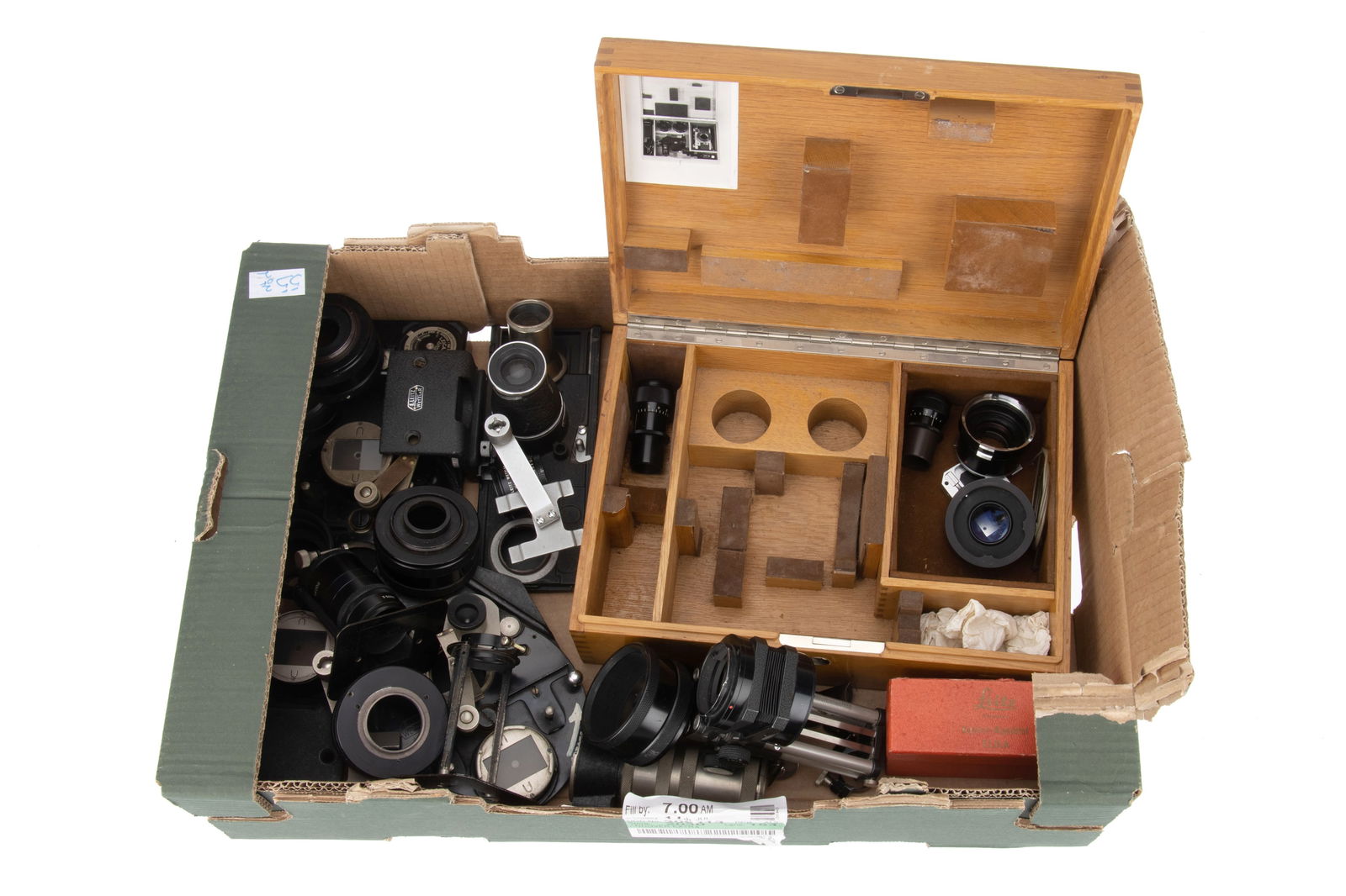 A Miscellaneous Selection of Leitz Wetzlar Copying Equipment,: to include a fitted wooden case, copying slide plates, bellows, adapters and other items.