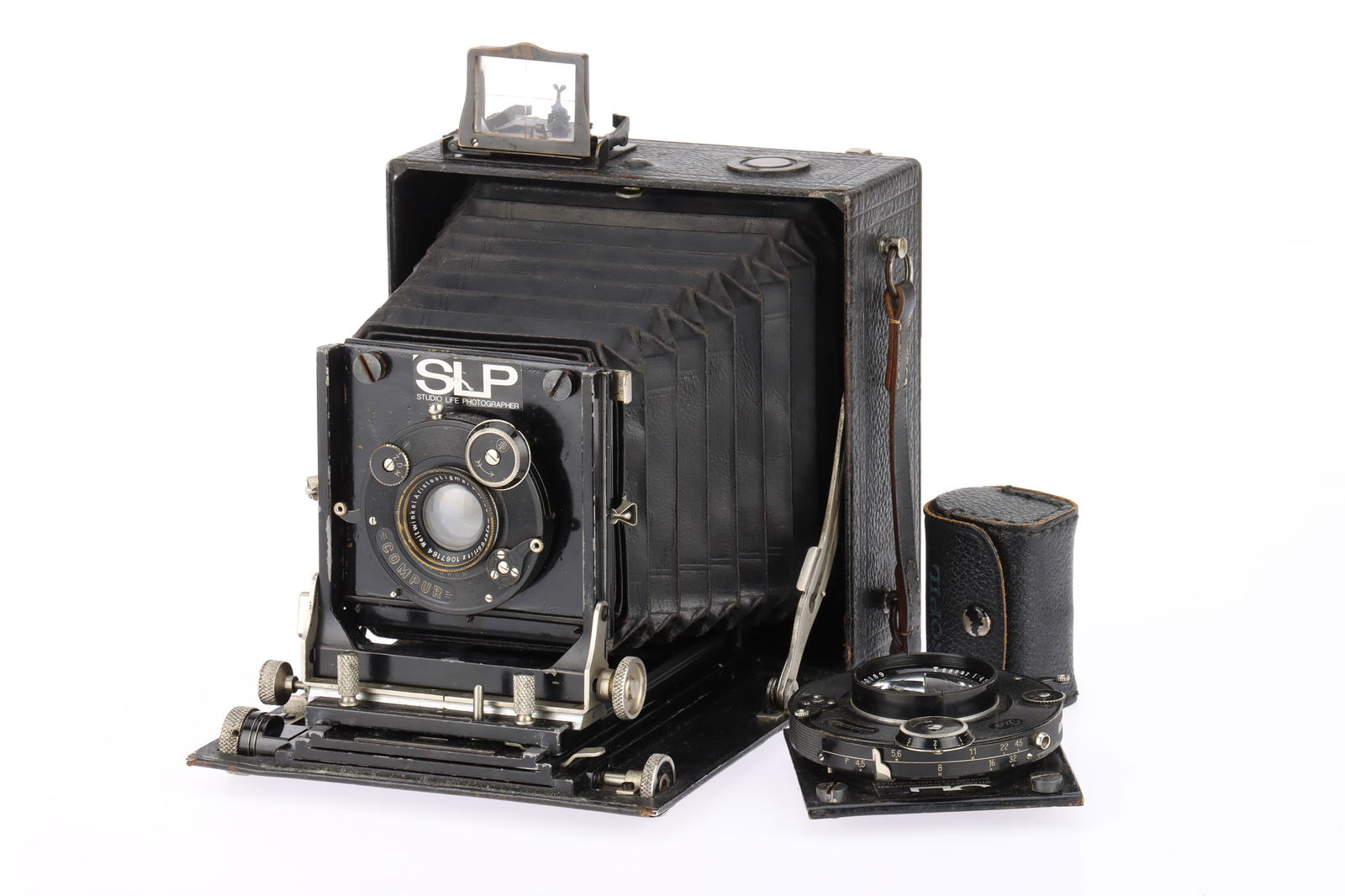 An Unbranded Large Format Camera,: black, possibly a modified early Linhof, body G, bellows intact, not light tested, controls move freely, with a Meyer-Goerlitz Aristostigmat f/6.3 100mm, optics F-G with haze, in a Compur shutter, wor