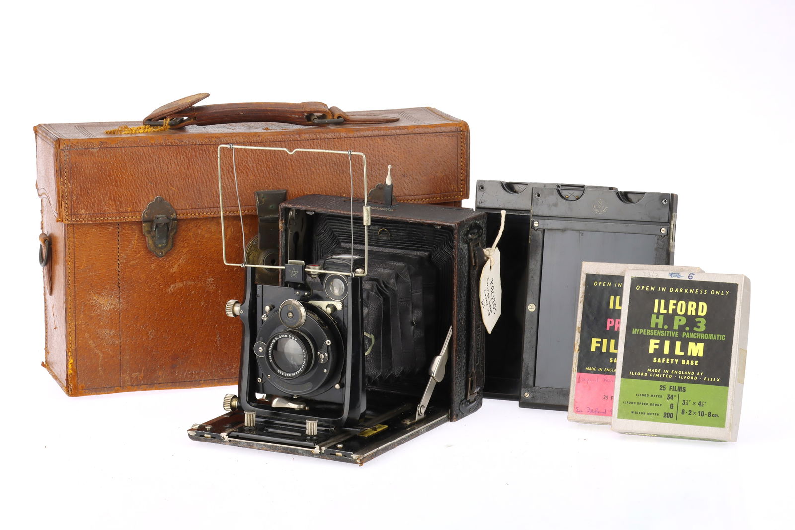 An ICA Palmos Universal 275 Large Format Camera,: black, serial number 85059, body G, bellows are intact but mould is present, ground glass finder does not stay closed, badged "Westminster Photographic Exchange", with a Carl Zeiss Jena Protar convert