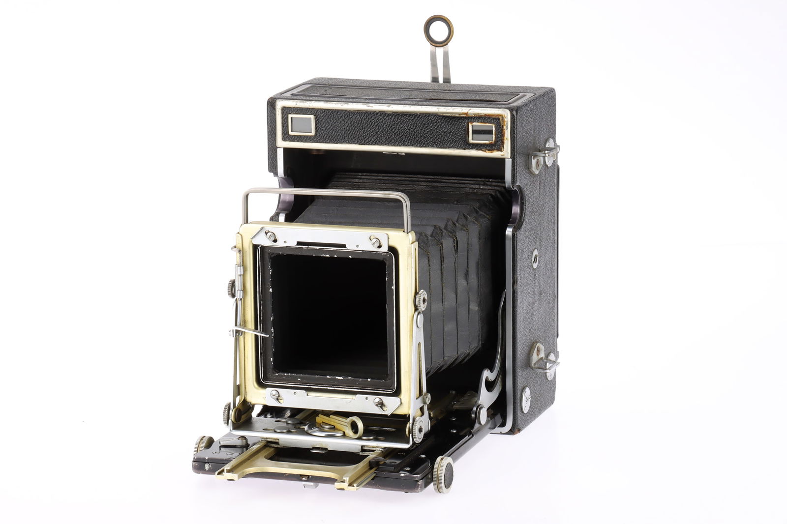 A M.P.P. Micro-Press Large Format Press Camera Body: black, circa 1951, no serial number found, shutter not working, body G, bellows appear light tight, focusing screen G, but no viewing hood present