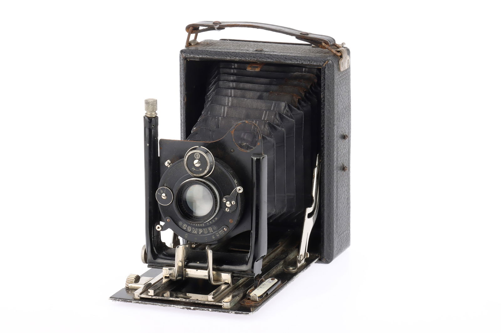 A Contessa Nettel Folding Plate Camera,: black, body F-G, some paint wear, bellows extends but not light tested, shutter works, with Kodak f/6.3 130mm lens, optics hazy,
