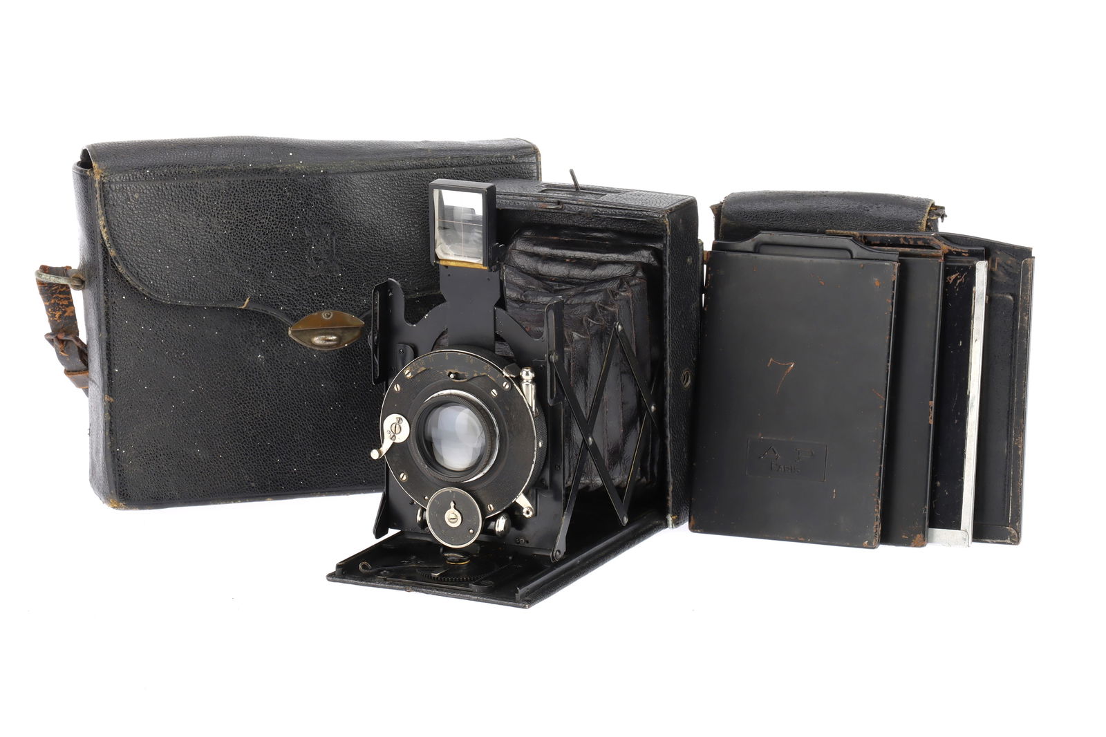 An Adams Vesta Folding Film Plate Camera Cased Outfit,: An Adams Vesta Folding Film Plate Camera Cased Outfit, black, serial number 157, bellows extends but not light checked, shutter works but speeds erratic, optics VG, in a case with a set of plate holde