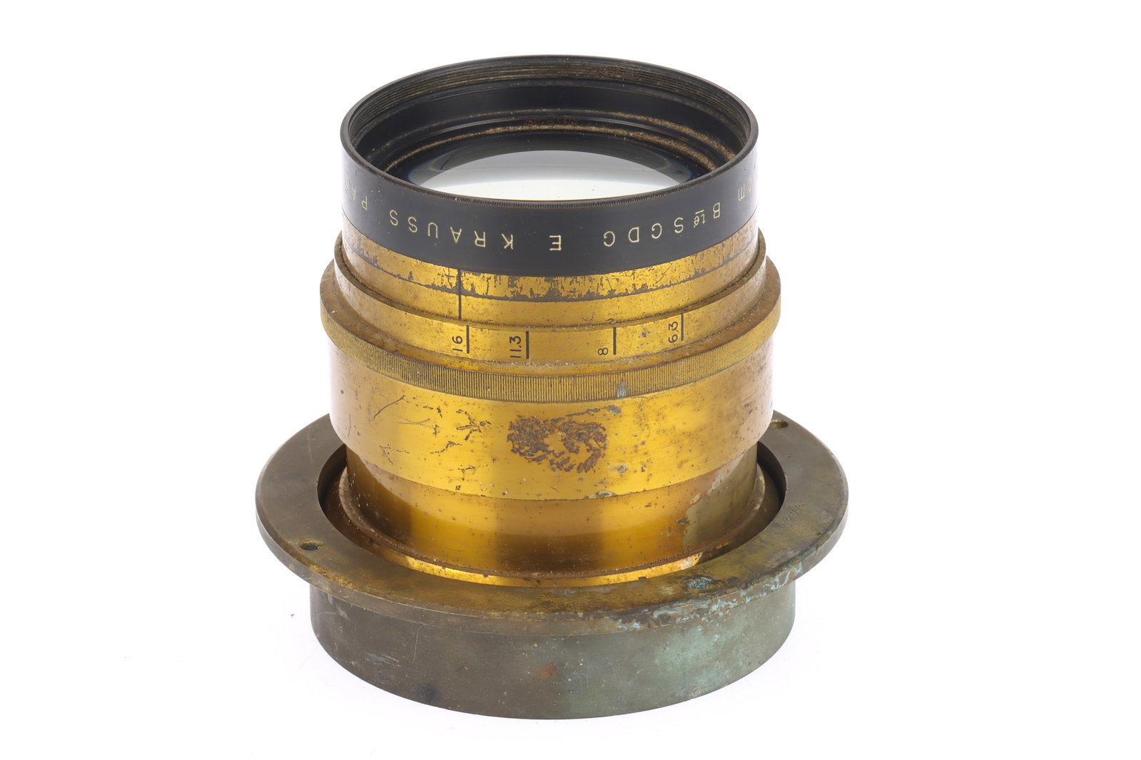 An E Krauss Brass f/6.3 50cm Tessar Lens,: An E Krauss Brass f/6.3 50cm Tessar Lens, brass, serial number 112748, barrel F-G, some wear to varnish, optics G, iris functions correctly.