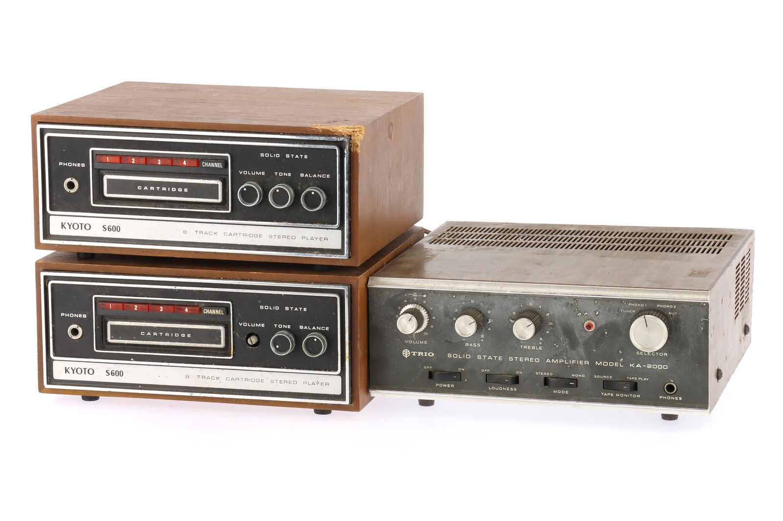 Two Kyoto S600 8 Track Tape Players,: Two Kyoto S600 8 Track Tape Players, one plays via headphones when tape is inserted, requires further attention to be classed as 'working order', the other unit is not working, together with a Trio so