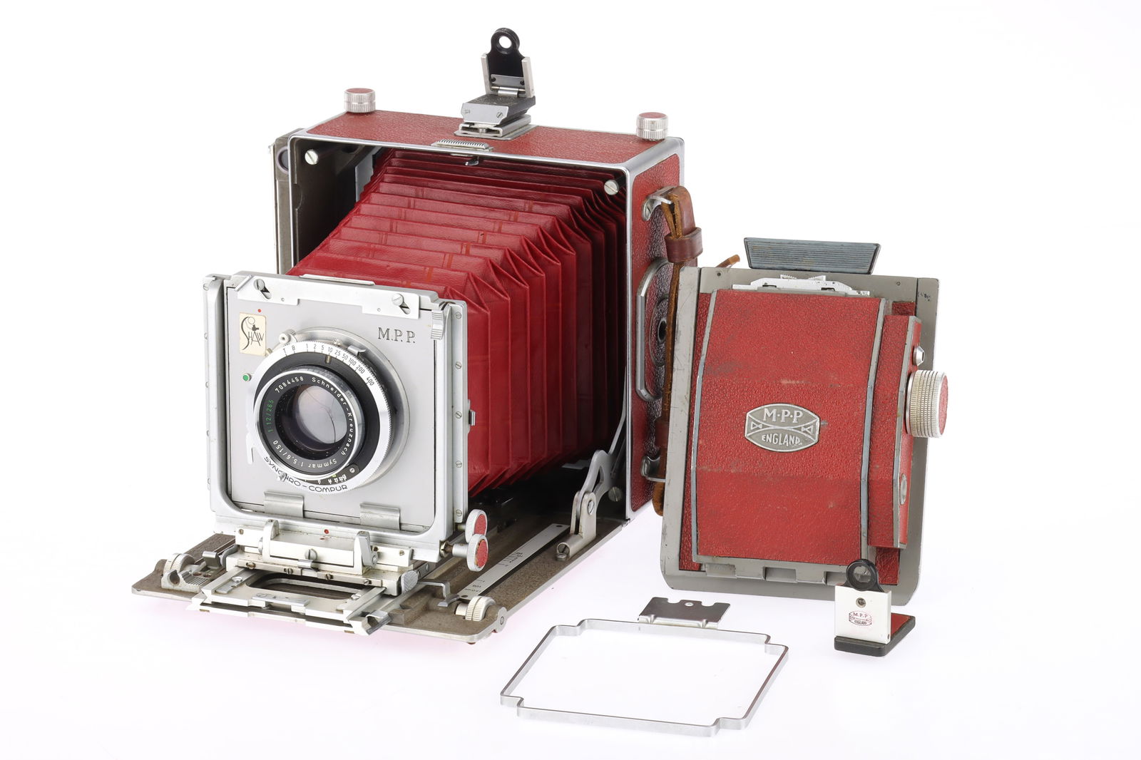 An MPP VII Micro Technical 5x4" Camera,: An MPP VII Micro Technical 5x4" Camera, red / chrome, body G, small area of lifted leatherette on base, bellows extend and lock, not light tested, with Schneider-Kreuznach Symmar f/5.6 150mm lens, chr