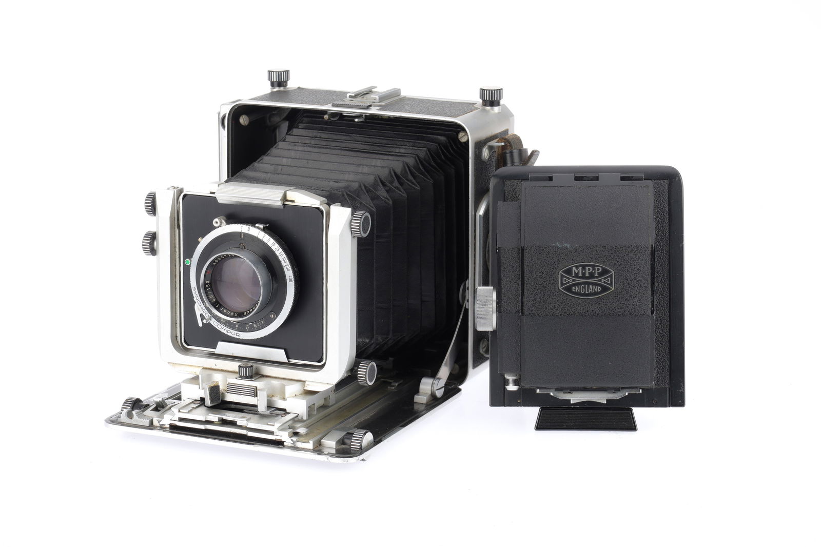 A MPP Micro Technical 5x4" Camera,: A MPP Micro Technical 5x4" Camera, body, F-G, some paint loss to runner plate, bellows extends and locks, not light tested, with lens board, Synchro-Compur shutter, working, and a Schneider-Kreuznach