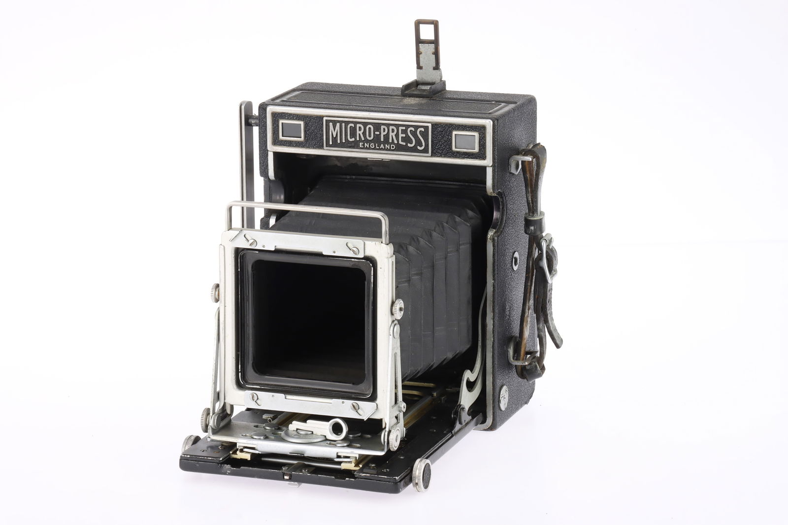 An M.P.P. Micro-Press 5x4 Camera Body,: An M.P.P. Micro-Press 5x4 Camera Body, body G, bellows extends and locks, not light tested, rangefinder patch is clear and moves with the front standard, focal plane shutter cocks and operates, the fr