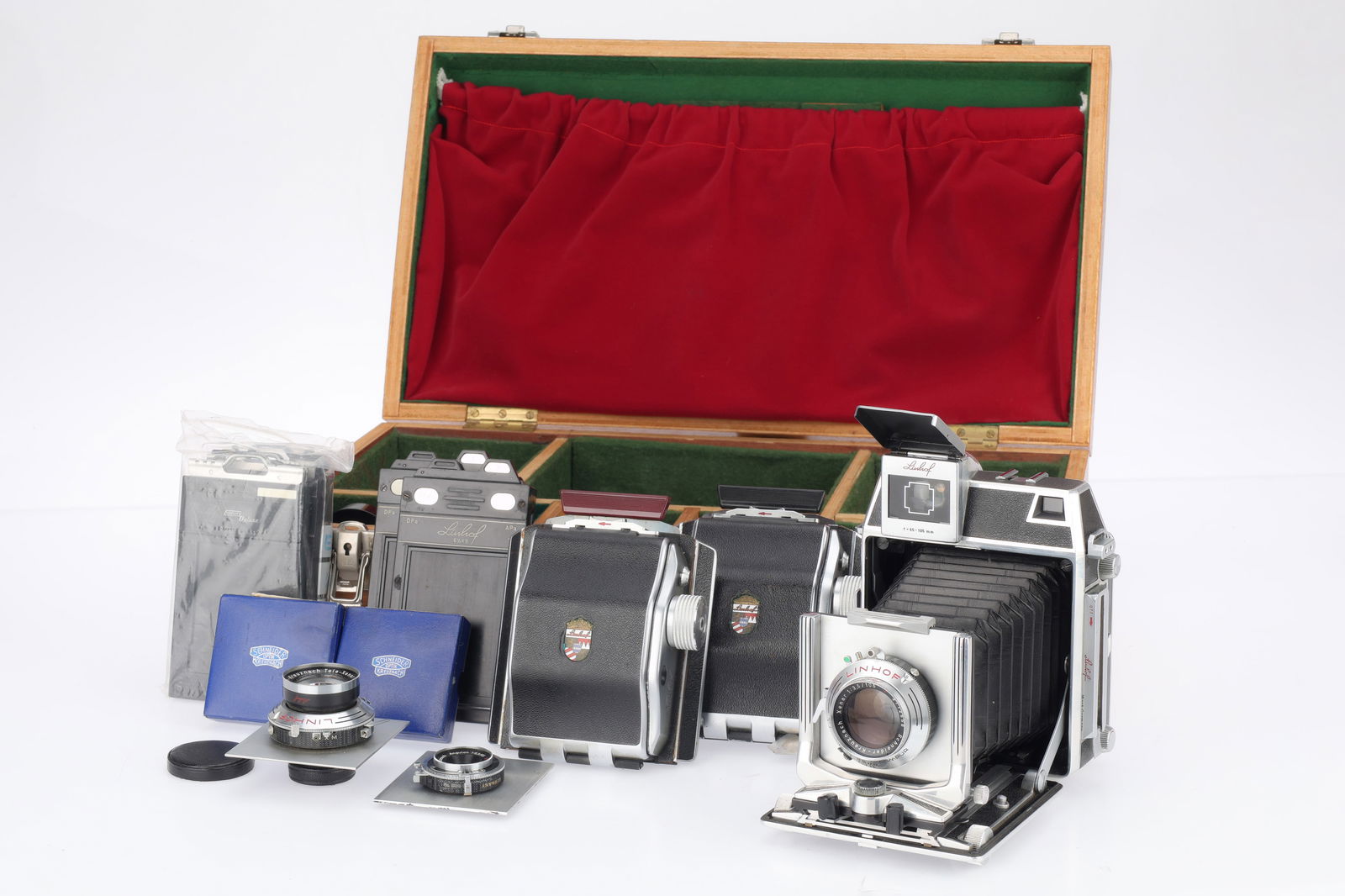 A Linhof Super Technika III Large Format Camera,: A Linhof Super Technika III Large Format Camera, black, serial number 45029, body G, front standard extends and locks, bellows not light tested, rangefinder patch visible, with a Schneider-Kreuznach X