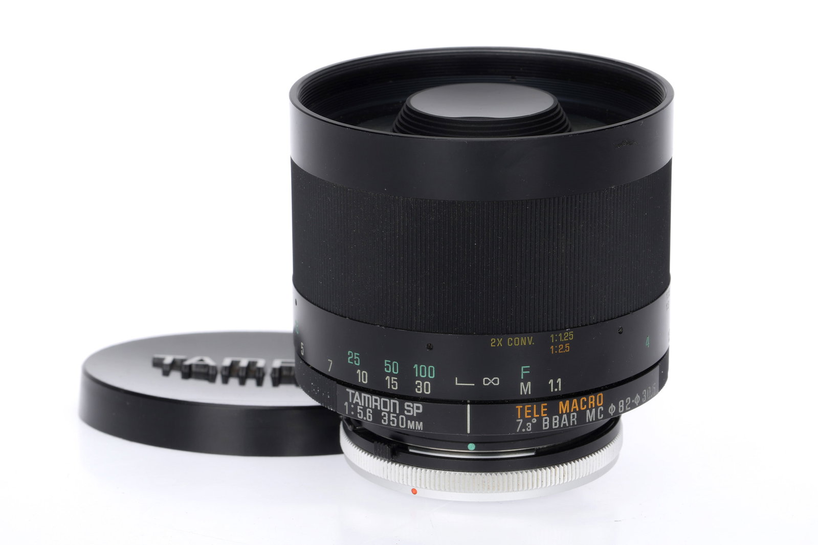 A Tamron Adaptall SP f/5.6 350mm Mirror Lens,: A Tamron Adaptall SP f/5.6 350mm Mirror Lens, black, serial number 111329, body VG, Canon FD mount, optics F-G with separation to the rear element, with front cap.