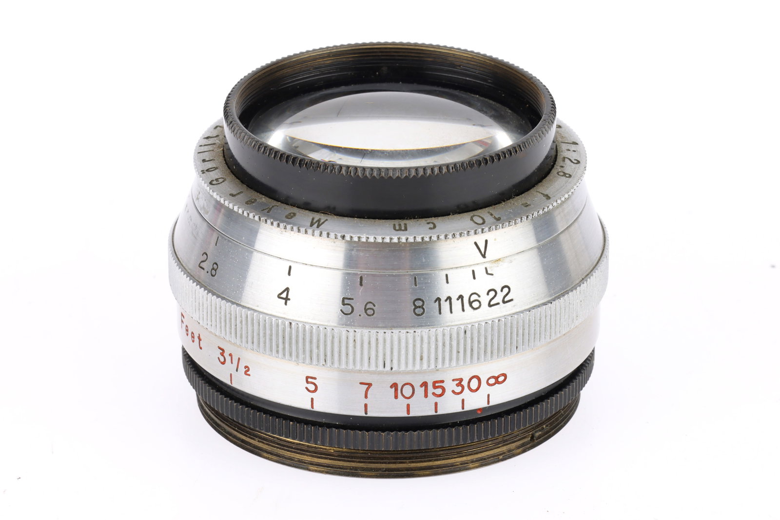 A Meyer-Goerlitz Trioplan f/2.8 10cm Lens,: A Meyer-Goerlitz Trioplan f/2.8 10cm Lens, silver, serial number 767654, barrel VG, optics F with haze, large screw thread mount.