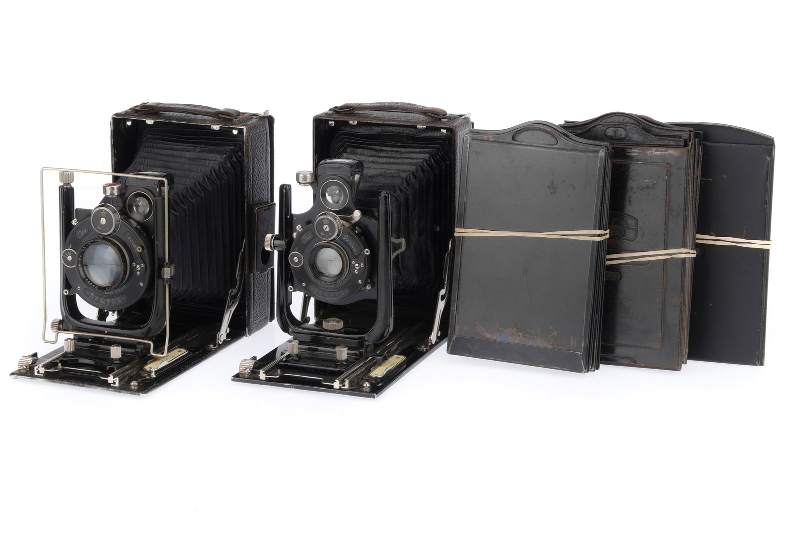 A Pair of ICA Trona 210 Folding Plate Cameras,: A Pair of ICA Trona 210 Folding Plate Cameras, two sightly different examples, serial number J17736 has the red spirit level and sports finder, bellows extends and folds, not light tested, with a Tess