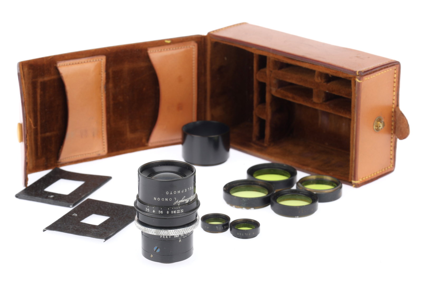 A Dallmeyer f/3.5 3 inch Telephoto Cine Lens and Filters,: A Dallmeyer f/3.5 3 inch Telephoto Cine Lens and Filters, comprising the lens, black, serial number 173743, barrel G, iris works, focus works, optics F with aze and fungus, with three pairs of 2X and