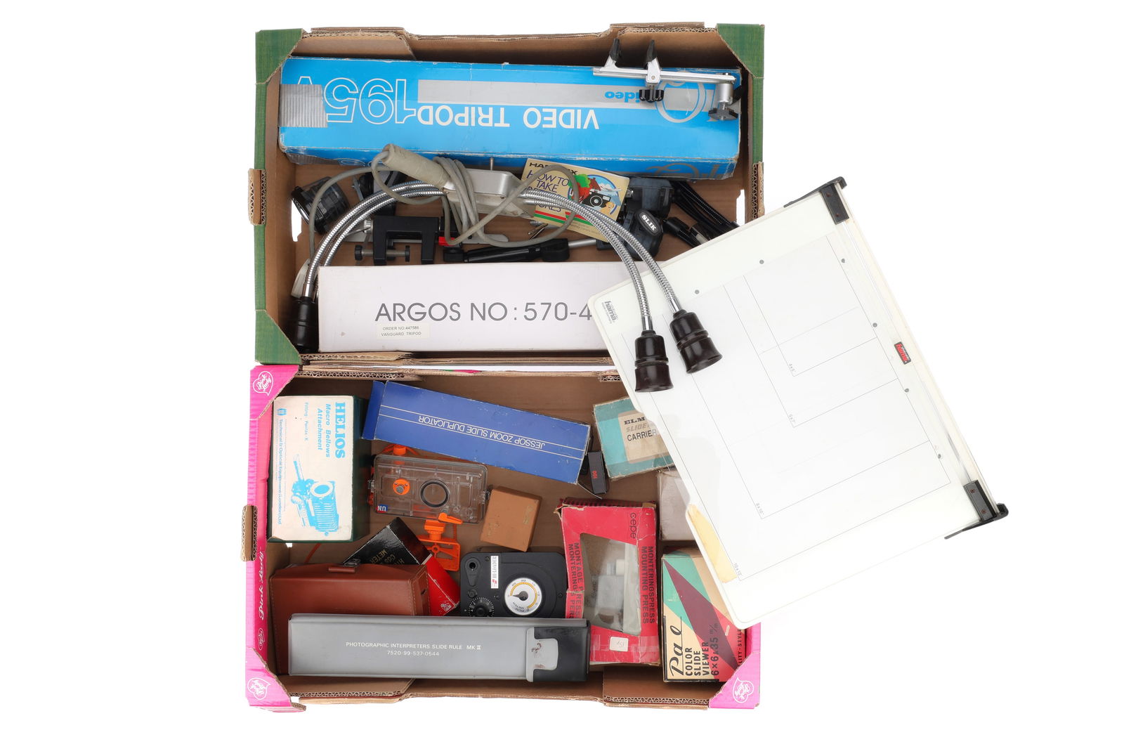 A Large Selection of Mixed Photographica,: A Large Selection of Mixed Photographica, to include tripods and tripod heads, a four-way studio lighting rig, an easel, bellows, slide duplicator, film cartridge loader, a photographic slide rule, an