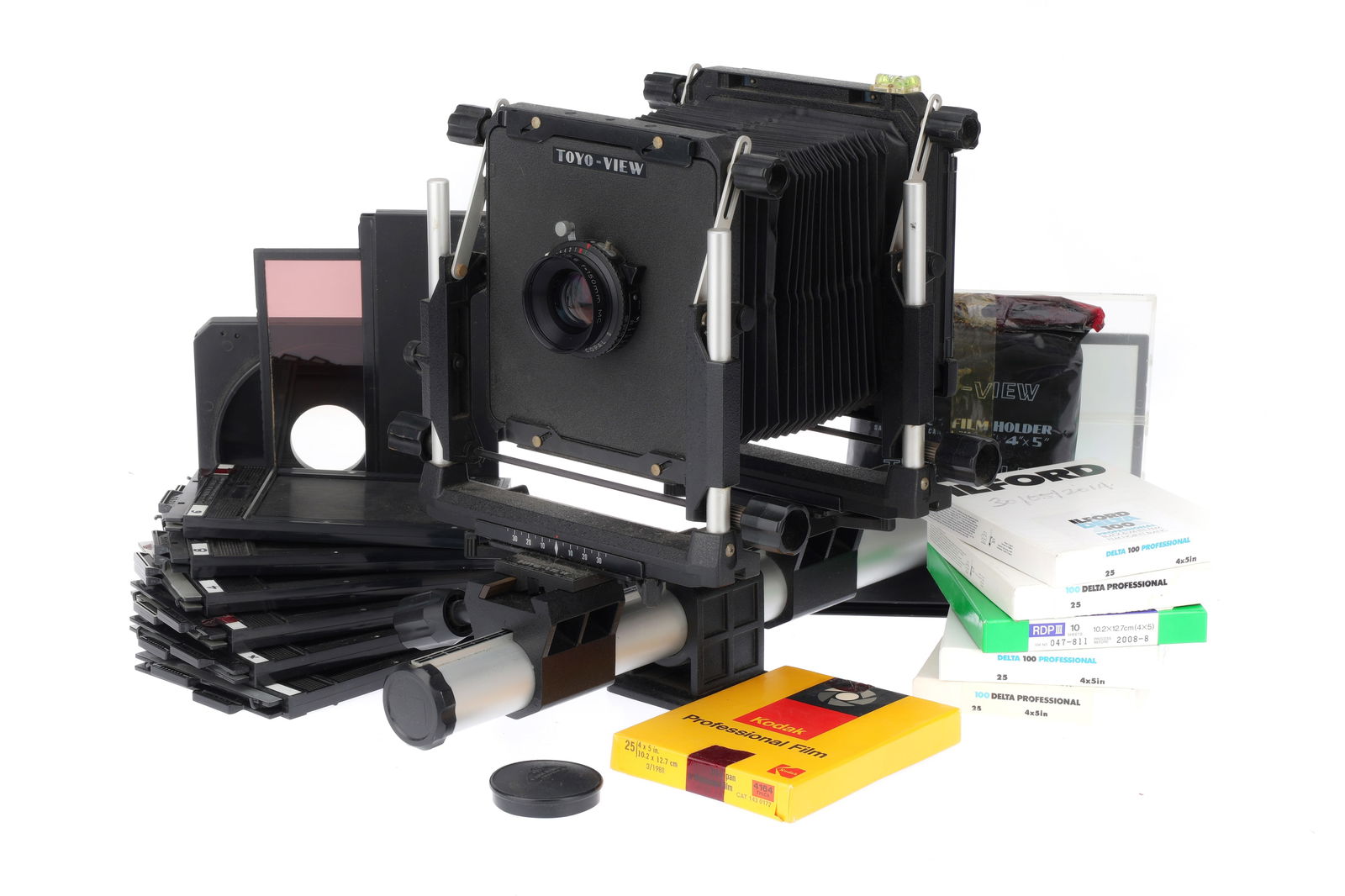 A Toyo-View 4x5 Monorail Camera,: A Toyo-View 4x5 Monorail Camera, black, bellows extend and fold correctly, controls working on both standards, ground glass intact, with a Rodenstock Sironar f/5.6 150mm lens, optics VG, in a Copal 0