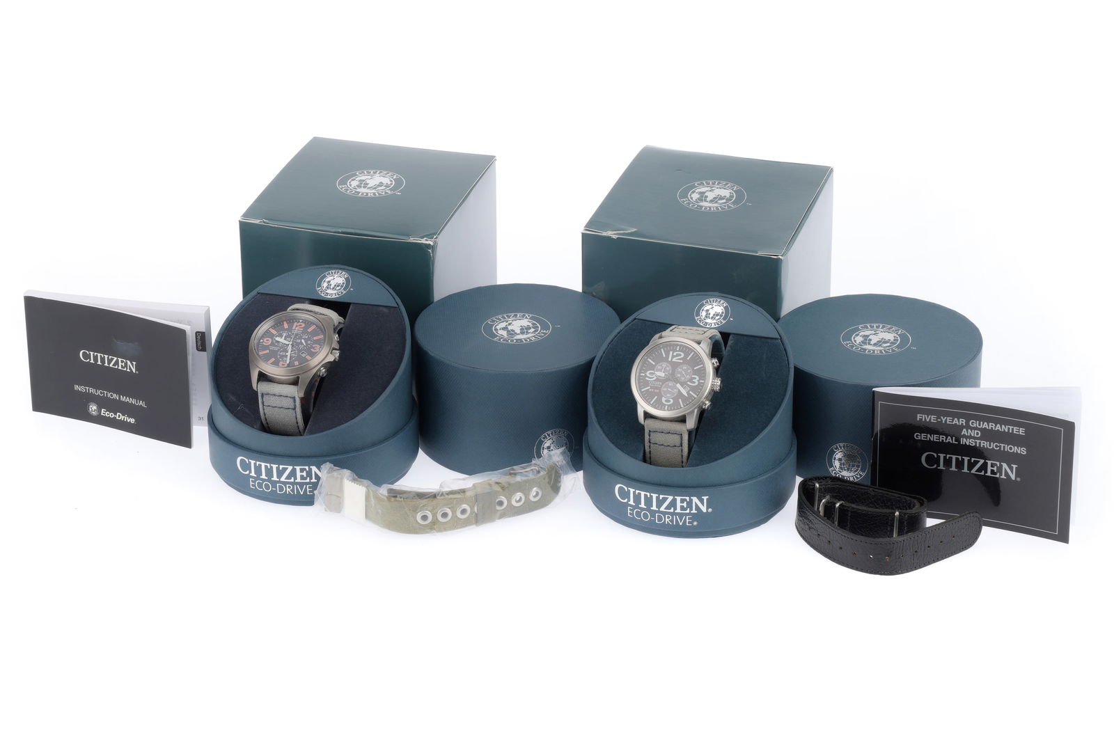 A Pair of Citizen Eco-Drive Gents Watches,: A Pair of Citizen Eco-Drive Gents Watches, comprising a Citizen Eco-Drive H500-S078814, grey bezel, G, with grey canvas bracelet, and a H500-K008937, black bezel, G, with grey canvas bracelet, both in