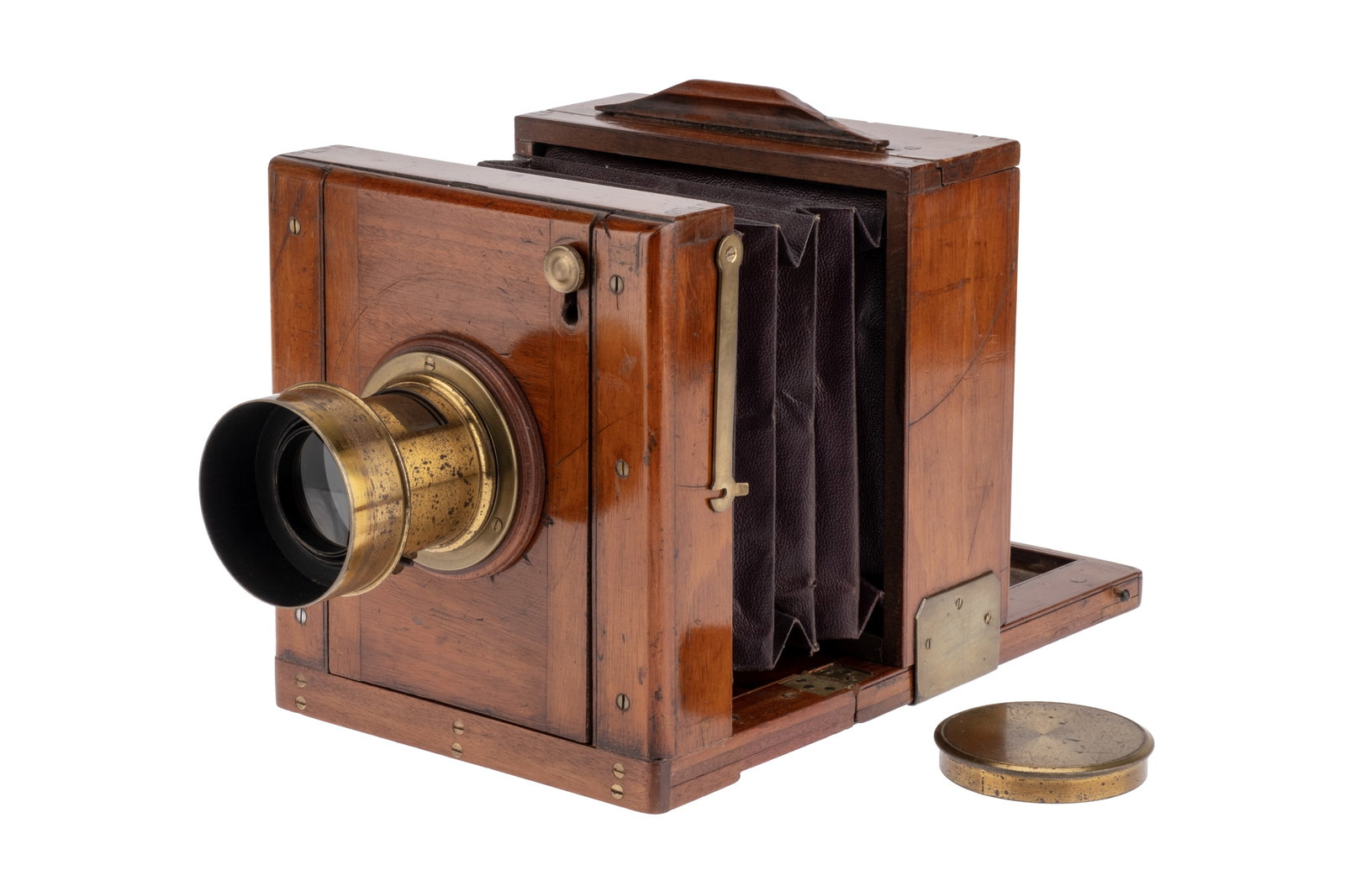 19th Century Wetplate Collodion Camera,: English, c.1850, unmarked, French polished mahogany tailboard body square edged leather bellows, square plate holder to rear, with unmarked bras bound Petzval lens with rack and pinion focusing & lens