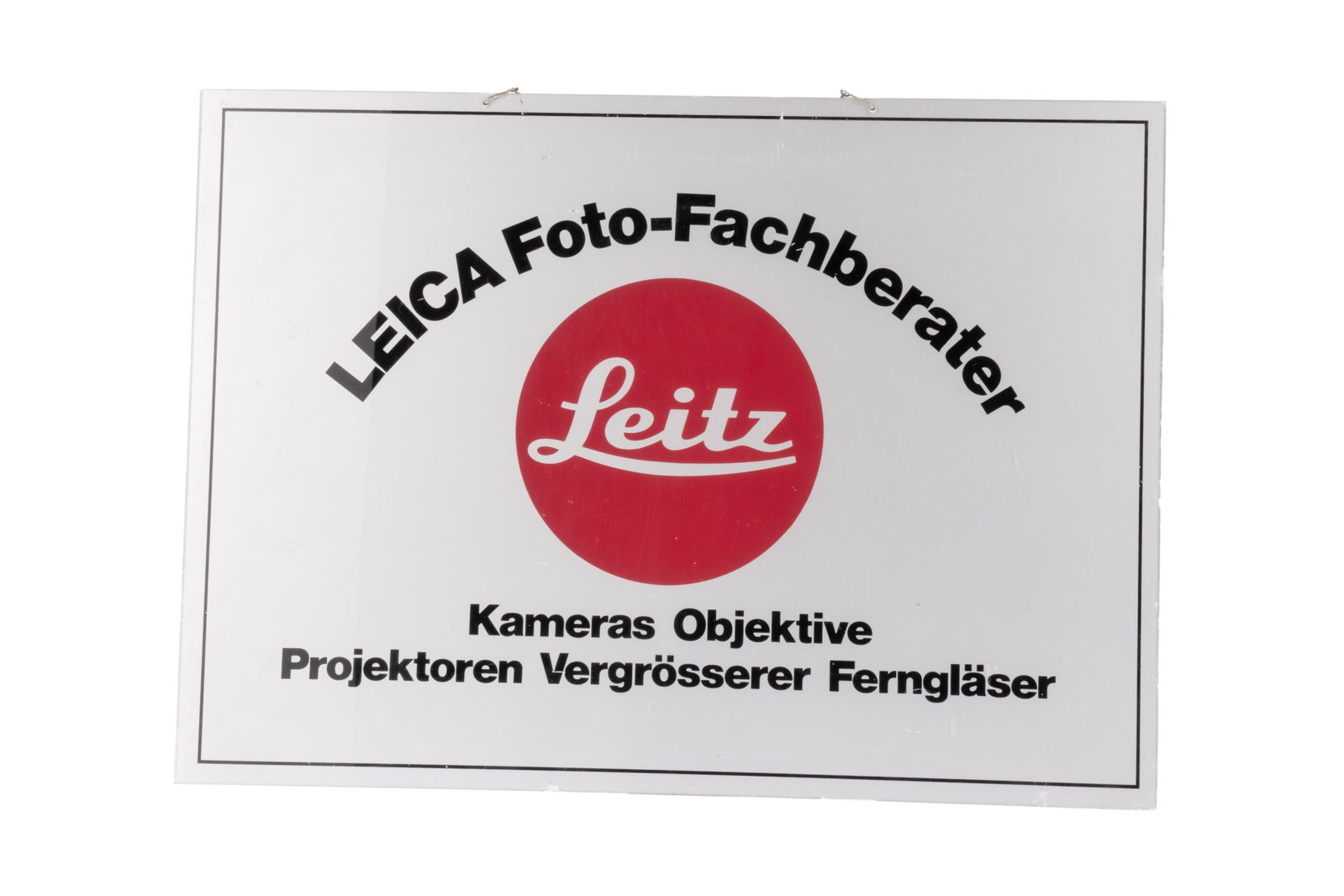 A Large Leica Foto-Fachberater Advertising Sign,: plastic, marked to front 'Leica Foto-Fachberater Kameras Objektive Projektoren Vergrosserer Fernglaser' and to the rear 'Eigentum Ernst Leitz Wetzlar GmbH, Innenschild Nr. 221, Made in Germany', overa