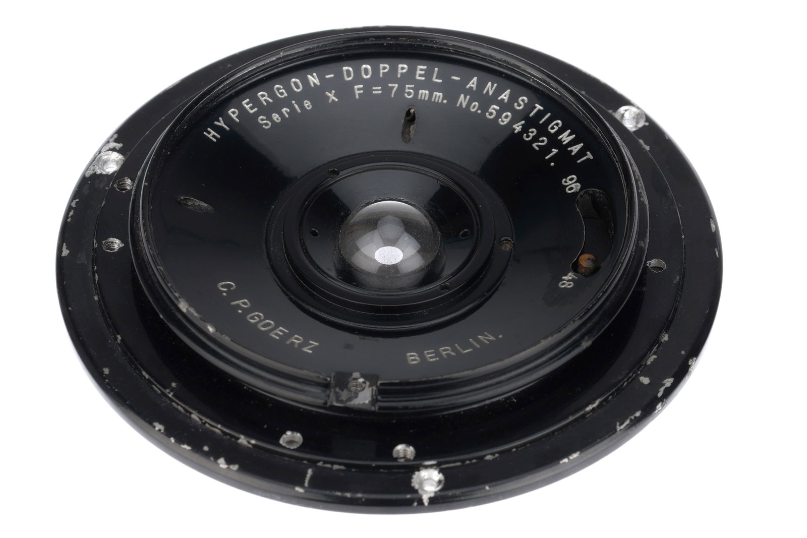 A C. P. Goerz Hypergon-Doppel-Anastigmat Series X f/48 75mm Lens,: A C. P. Goerz Hypergon-Doppel-Anastigmat Series X f/48 75mm Lens, black, serial no. 594321, body, G, missing 'spyder' arm, elements, VG, complete with flange