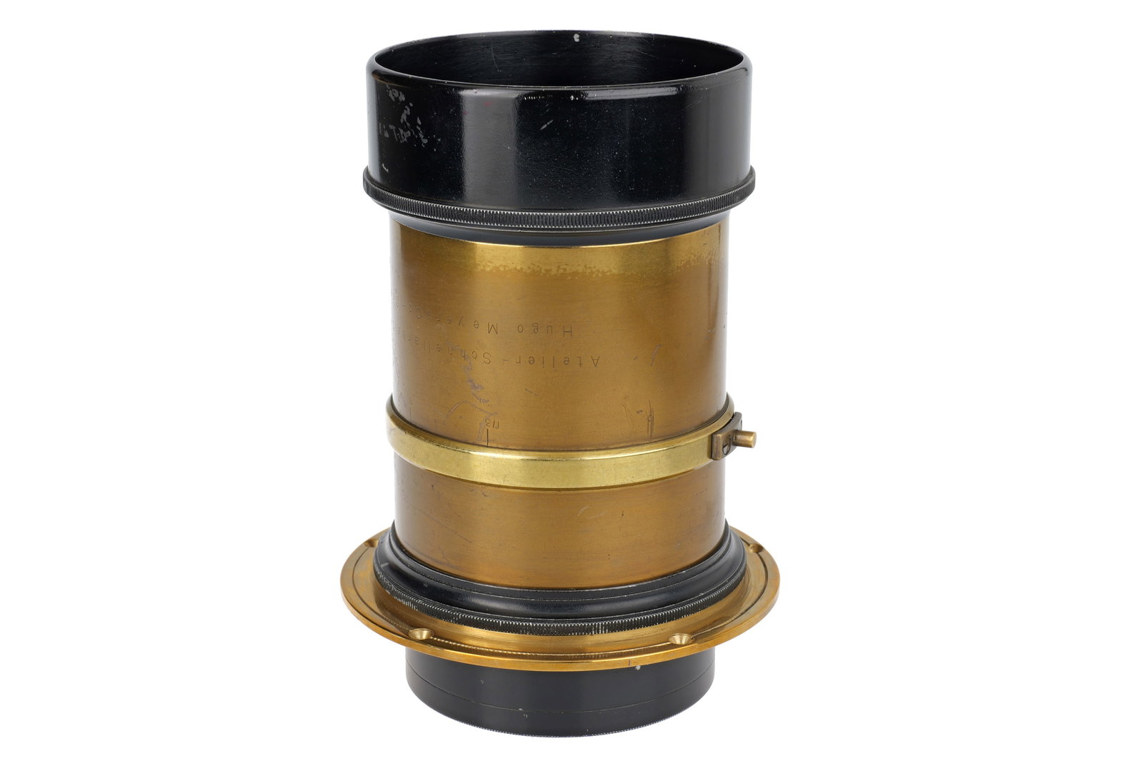 A Hugo Meyer Goerlitz Atelier-Schnellarbeiter No.2 f/3 210m Portrait Lens,: A Hugo Meyer Goerlitz Atelier-Schnellarbeiter No.2 f/3 210m Portrait Lens, brass, serial no. 45681, body, G, elements, G-VG, two small chips to rear element, complete with flange