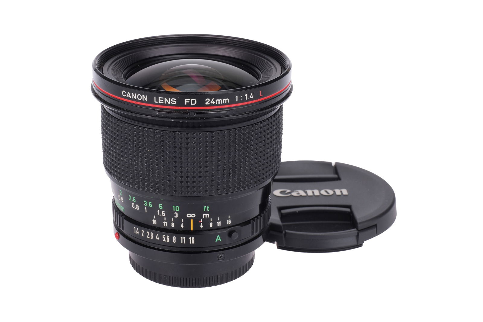 A Canon FD L f/1.4 24mm Lens,: black, serial no. 16811, body, VG, elements, VG, some haze to the middle group Note: SKA0528