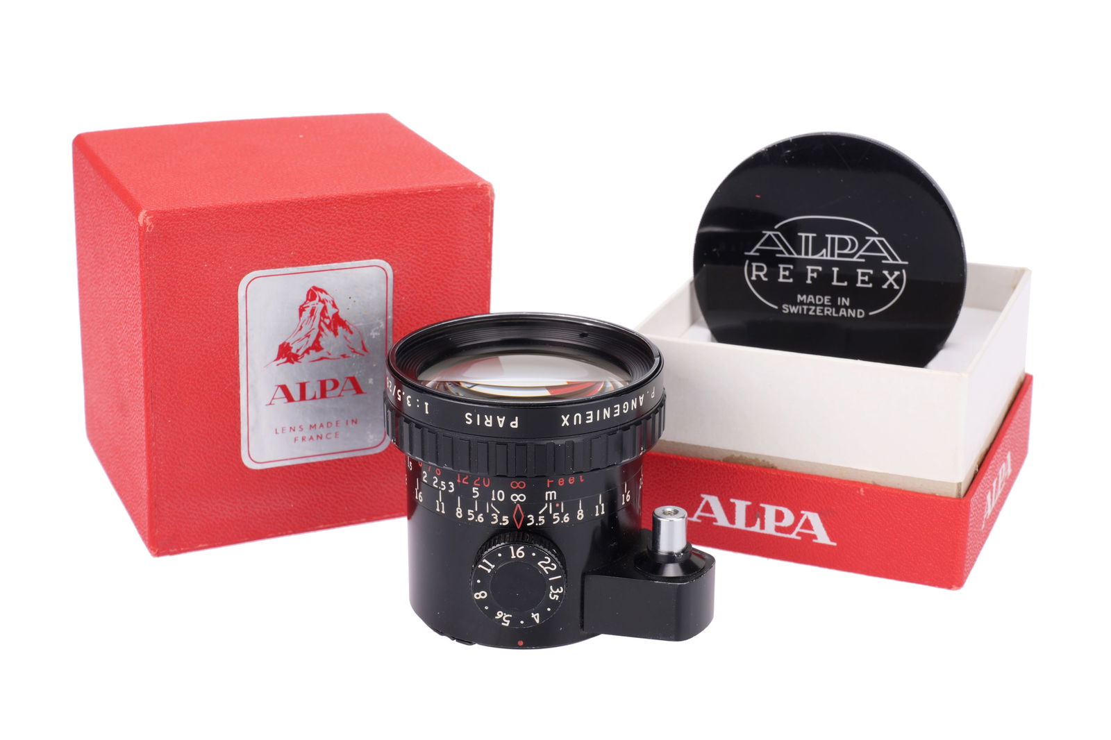 A P.Angenieux Alpa Retrofocus f/3.5 28mm Lens,: Alpa mount, black, serial no. 1292469, body, VG, elements, VG, some light internal haze, complete with maker's box