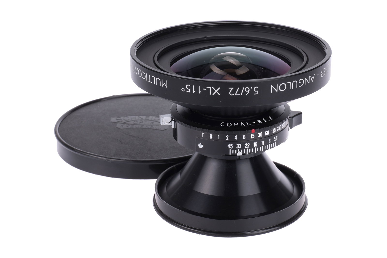 A Schneider Super-Angulon XL-115 f/5.6 72mm Lens,: in Copal No.0.0 shutter, black, serial no. 14719960, body, VG-E, shutter working, elements, VG-E, complete with maker's caps