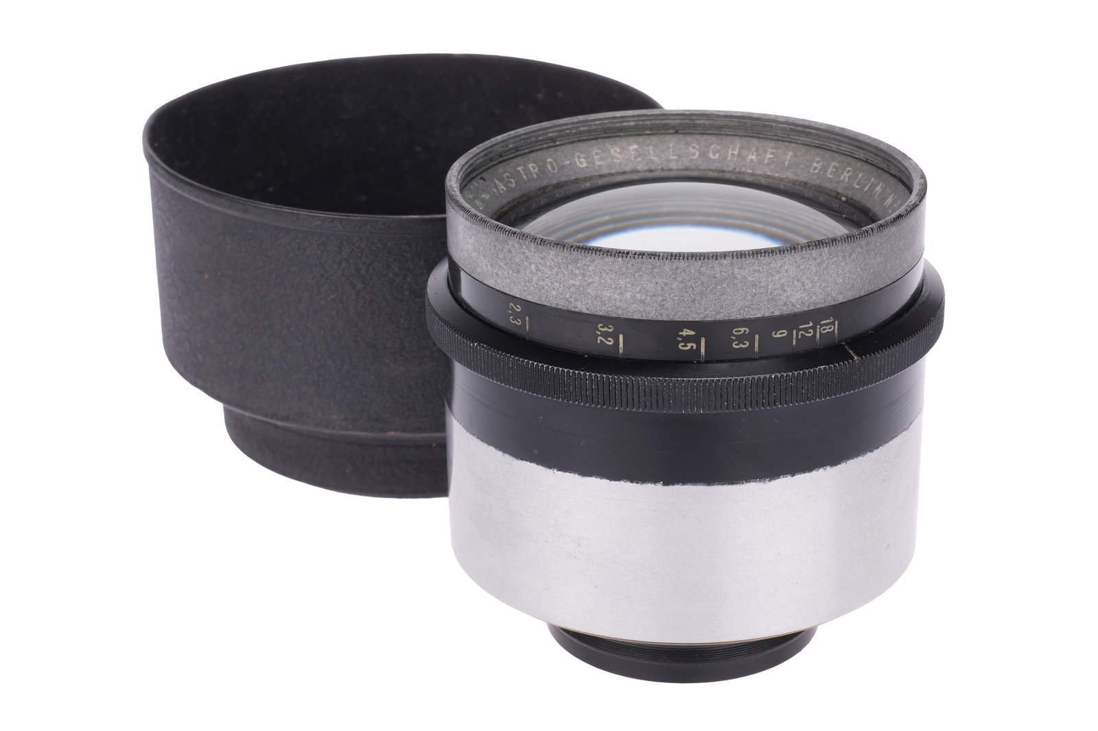 An Astro-Gesellschaft Berlin Astro-Portrait f/2.3 150mm Lens,: black/chrome, serial no. 21048, body, G, elements, VG-E, complete with lens hood Note: A 5% import VAT applies to this lot for UK bidders only. International buyers are exempt from this charge if the 