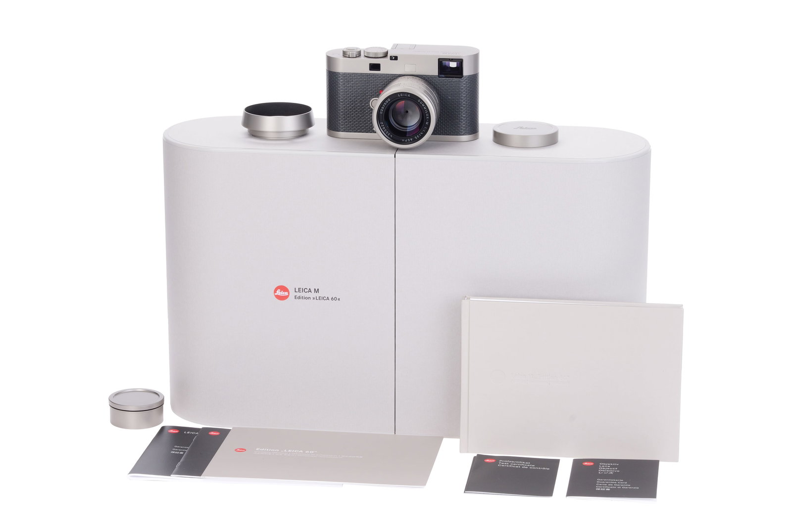 A Leica M Edition 'Leica 60' Rangefinder Camera,: 2014, stainless steel, serial no. 4927027, with Leitz Summicron-M ASPH. f/1.4 35mm lens, stainless steel, serial no. 4305022, body, E, powers up and appears to function, lens, E, complete with lens ho