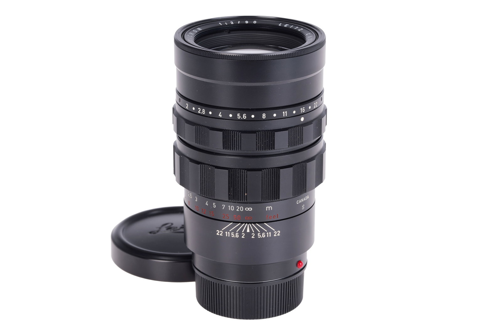 A Leitz Summicron f/2 90mm Lens,: black, serial no. 2150760, body, VG, elements, VG, complete with maker's caps