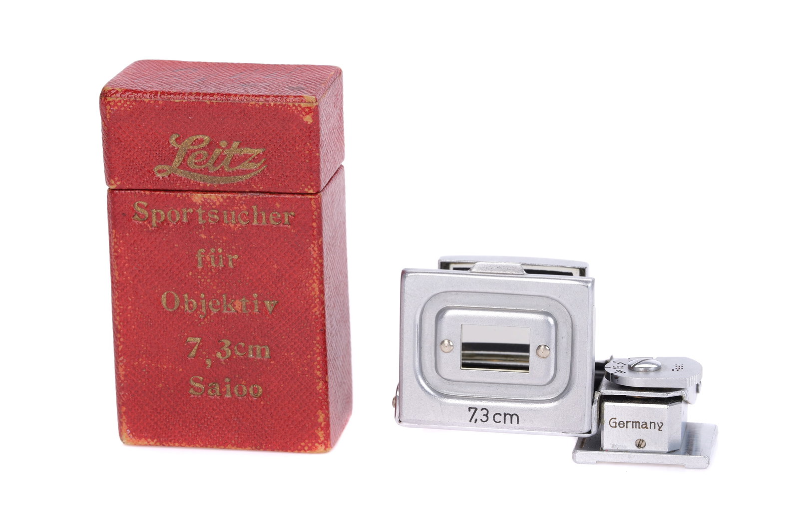 A Leica SAIOO 7.3cm Sports Finder,: for Leitz Hektor f/1.9 73mm lens, chrome, body, VG, optics, VG, in maker's box Note: A 5% import VAT applies to this lot for UK bidders only. International buyers are exempt from this charge if the lo