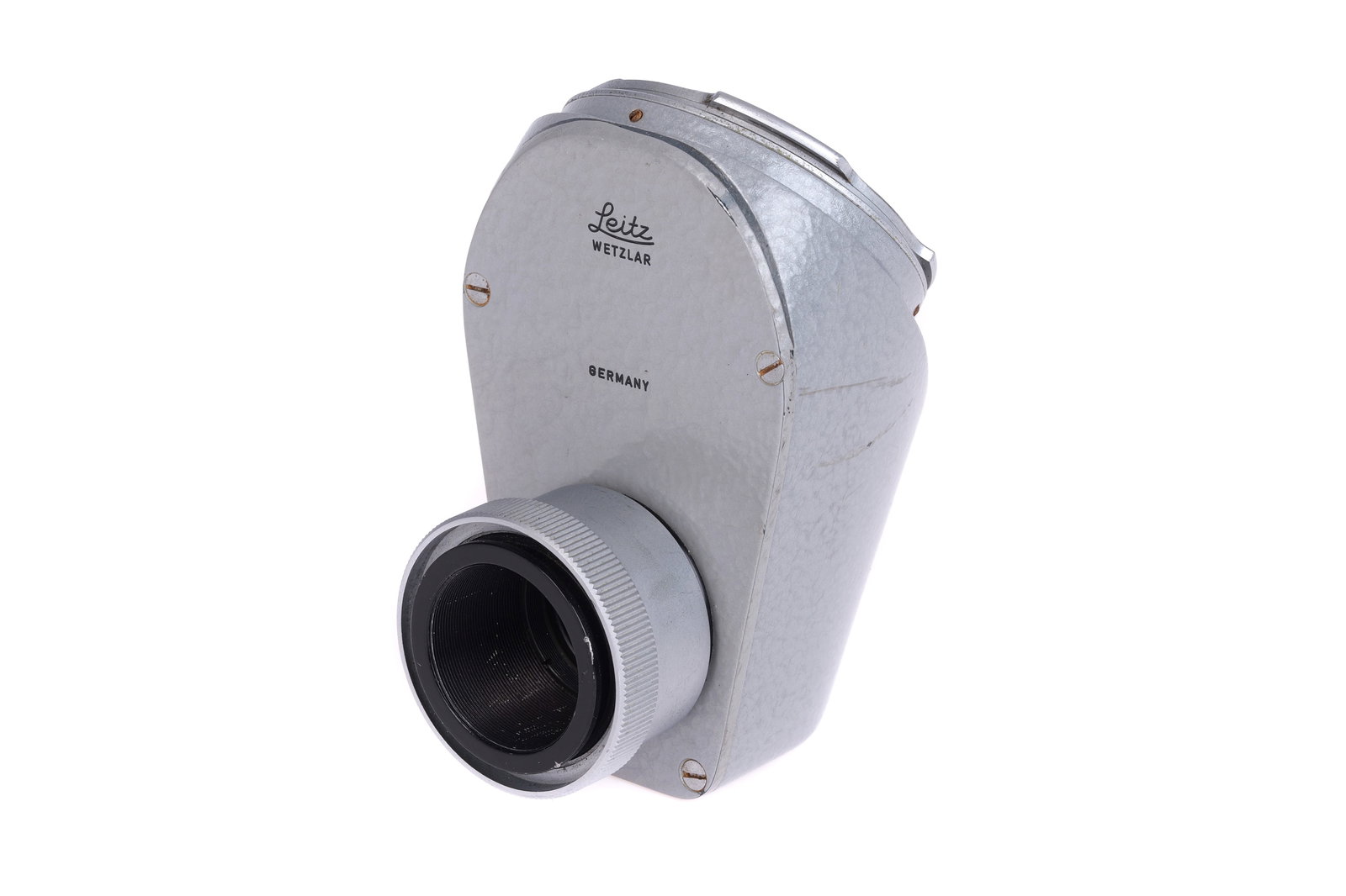 A Leica PEGOO Right Angle Magnifier,: Hammerite finish body, VG, optics, G, some internal haze and some marks to connecting end Notes: No other examples have appear in this uncommon finish