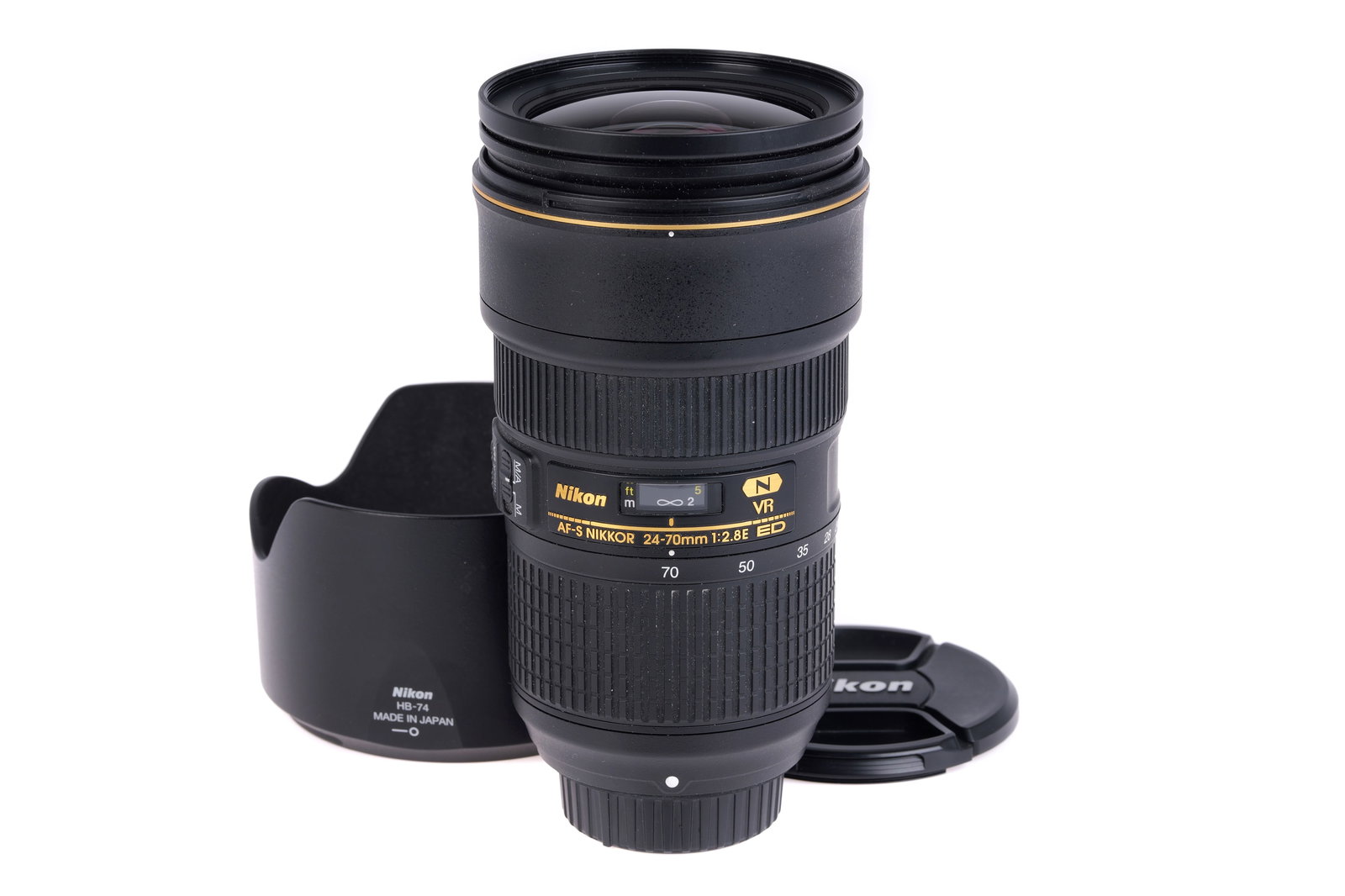 A Nikon AF-S Nikkor N VR ED f/2.8 24-70mm Lens,: black, serial no. 2057523, body, E, elements, VG-E, complete with lens hood and maker's caps