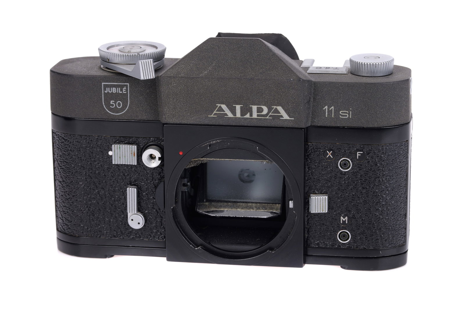 A Pignons Alpa 11si '50 Jubile' Camera Body,: grey/black, serial no. 62121, body, G-VG, shutter working Notes: No information avaliable about a 50th Jubile 11si avaliable, production more than likely in single-digits. Engraved to cartouch on top