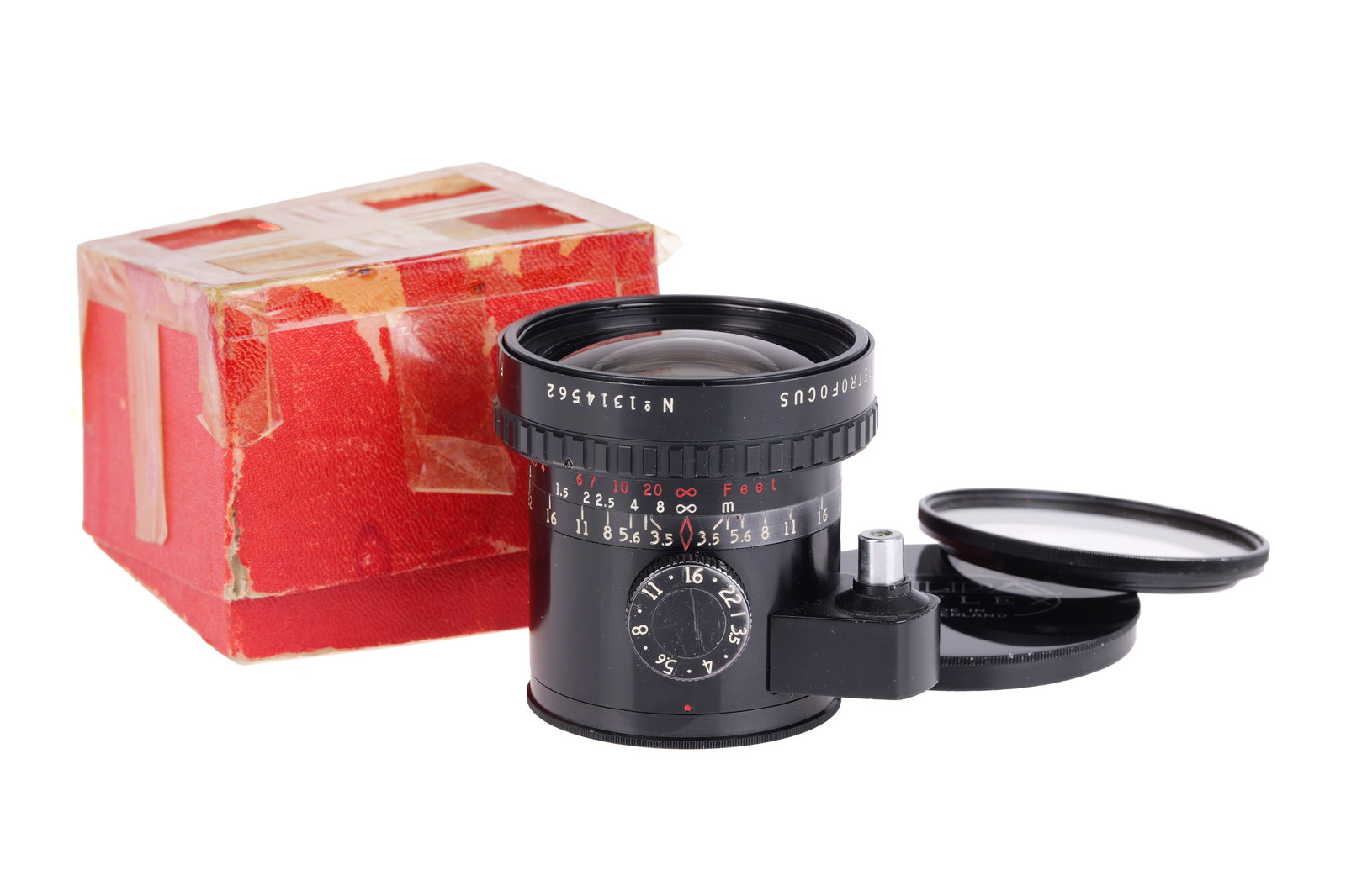 A P. Angenieux Alpa Retrofocus f/3.5 28mm Lens,: Alpa mount, black, serial no. 1314562, body, VG-E, elements, G-VG, some light internal haze, complete with lens caps and maker's box