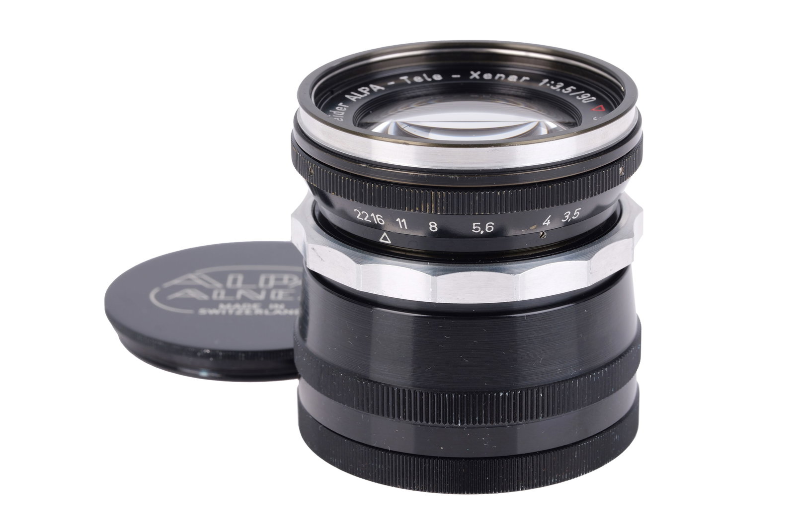 A Schneider Alpa-Tele-Xenar f/3.5 90mm Lens,: Alpa mount, black, serial no. 3932812, body, G-VG, elements, VG-E, some very light internal haze
