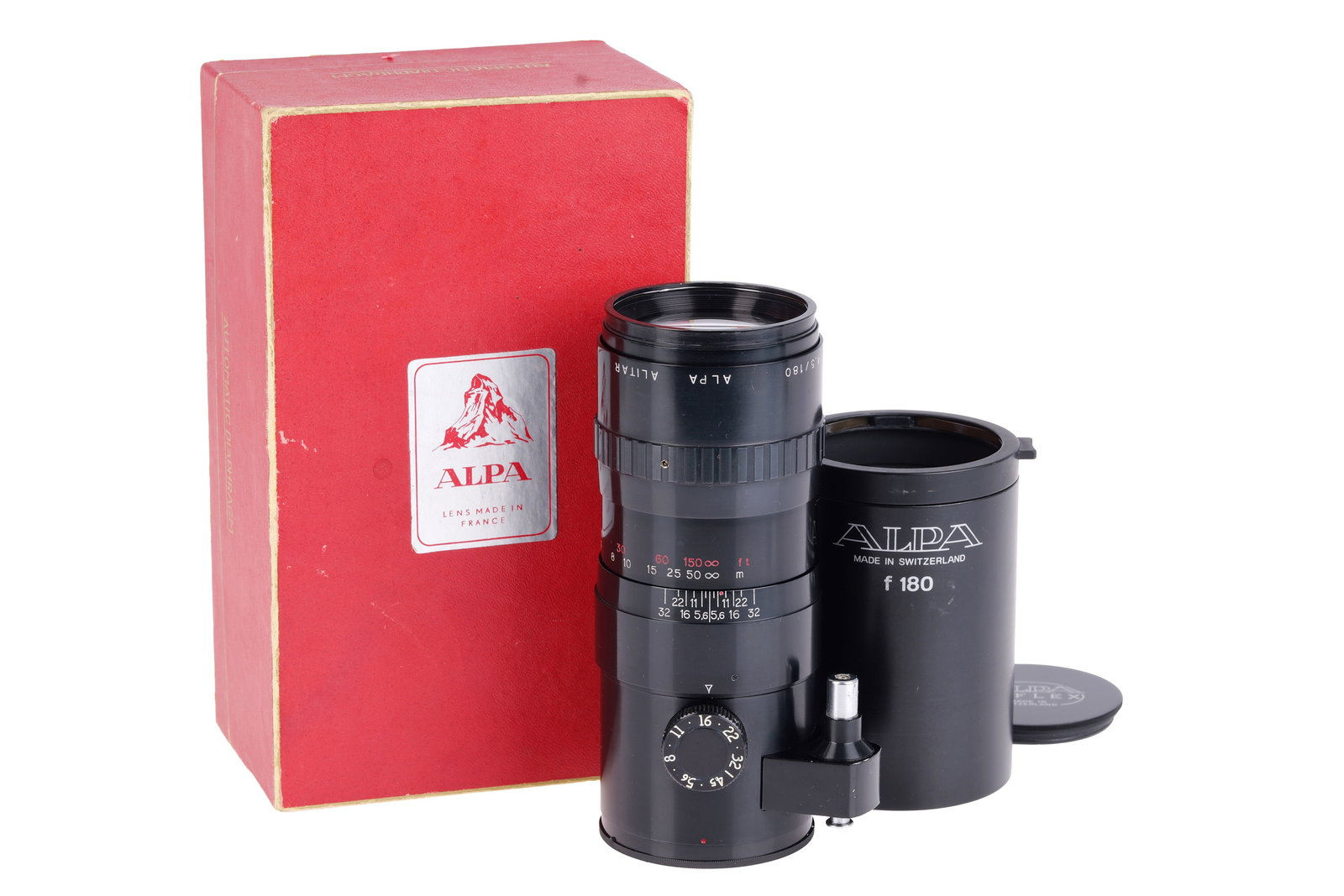 A P. Angenieux Alpa Alitar f/4.5 180mm Lens,: Alpa mount, black, serial no. 892375, body, VG, elements, VG, some very light internal haze, complete with lens hood, caps and maker's box